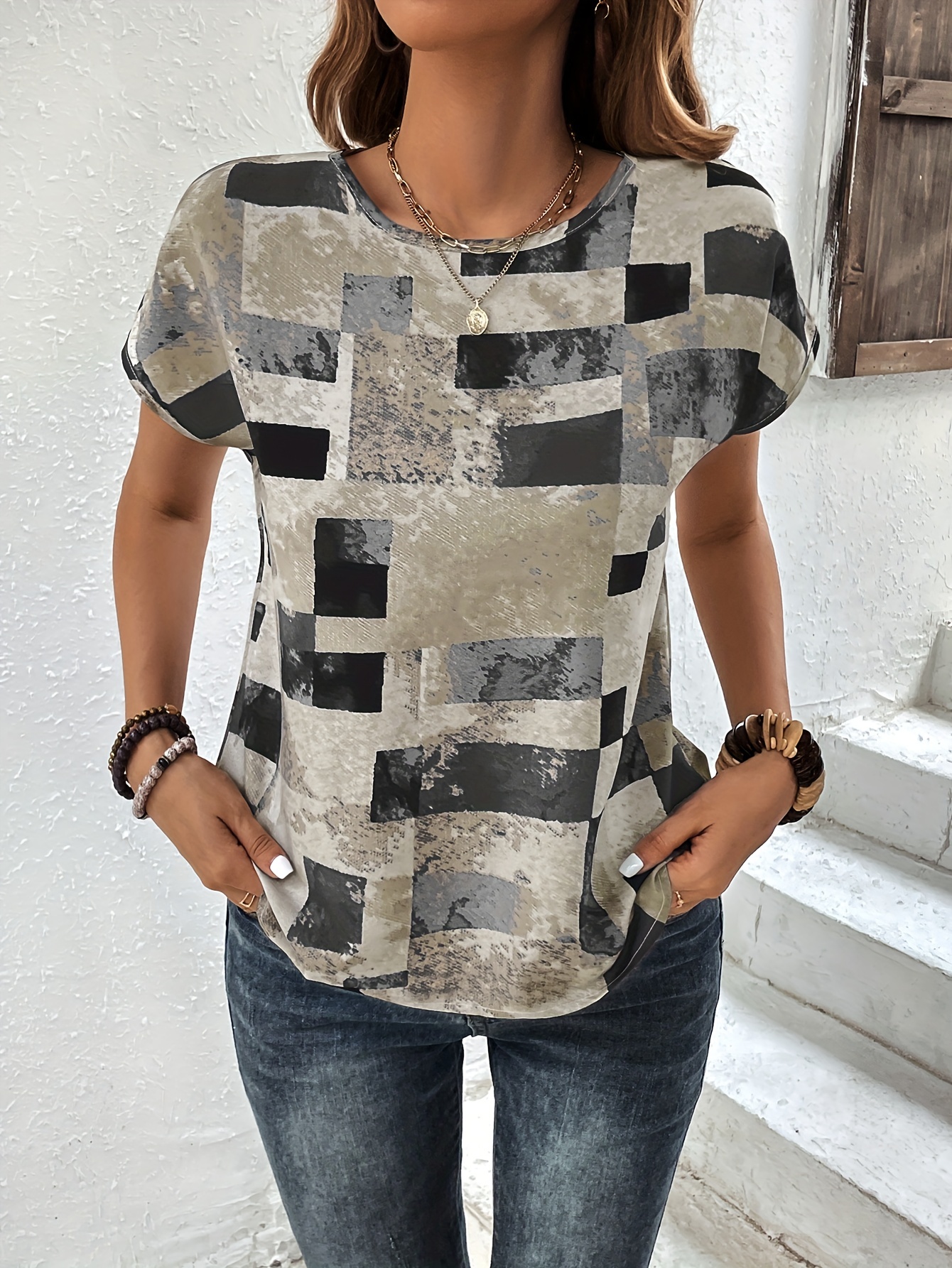 graphic print crew neck t shirt short sleeve aztec print tops womens clothing details 31