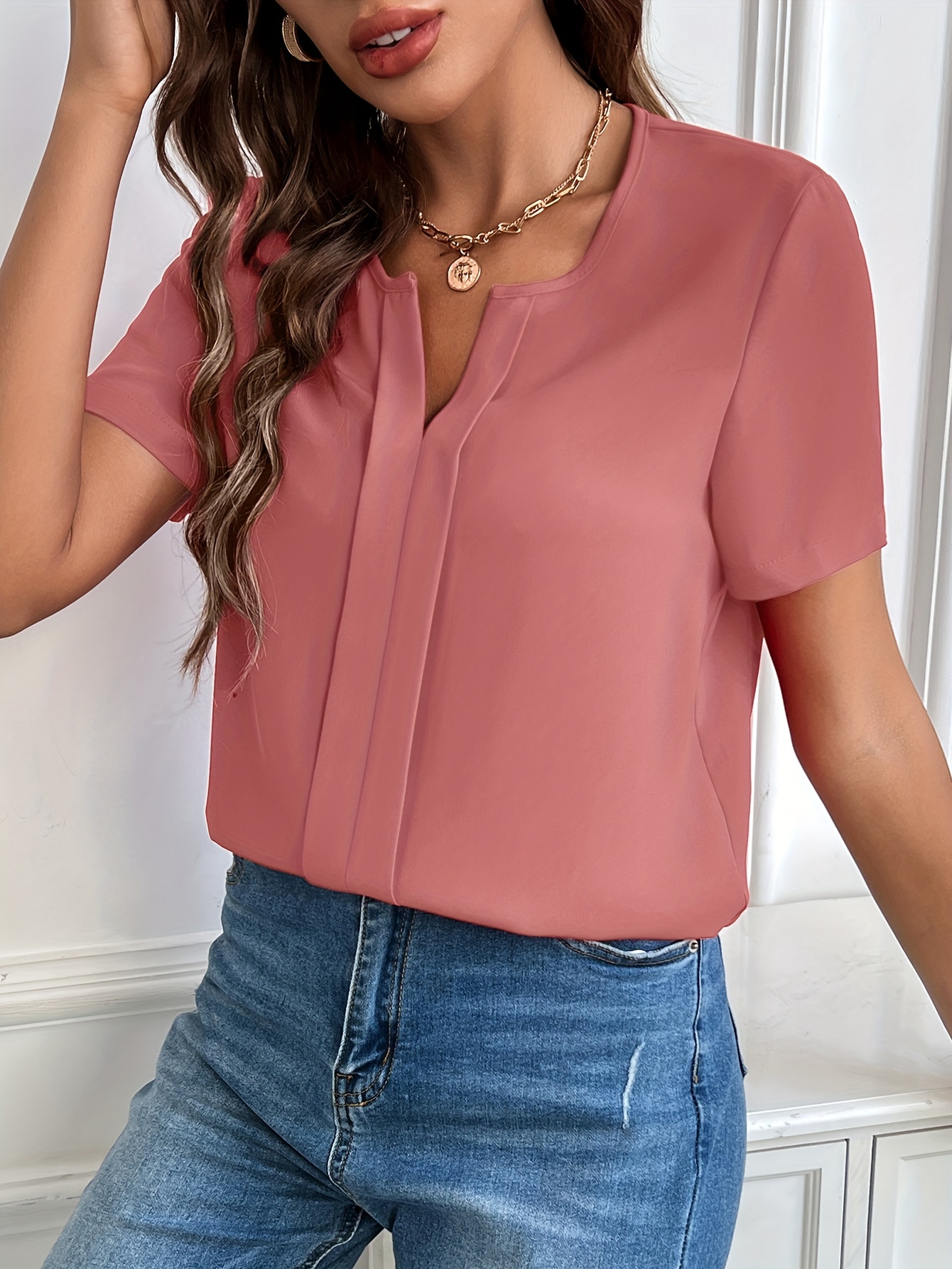 solid notched neck blouse casual short sleeve simple blouse womens clothing details 23