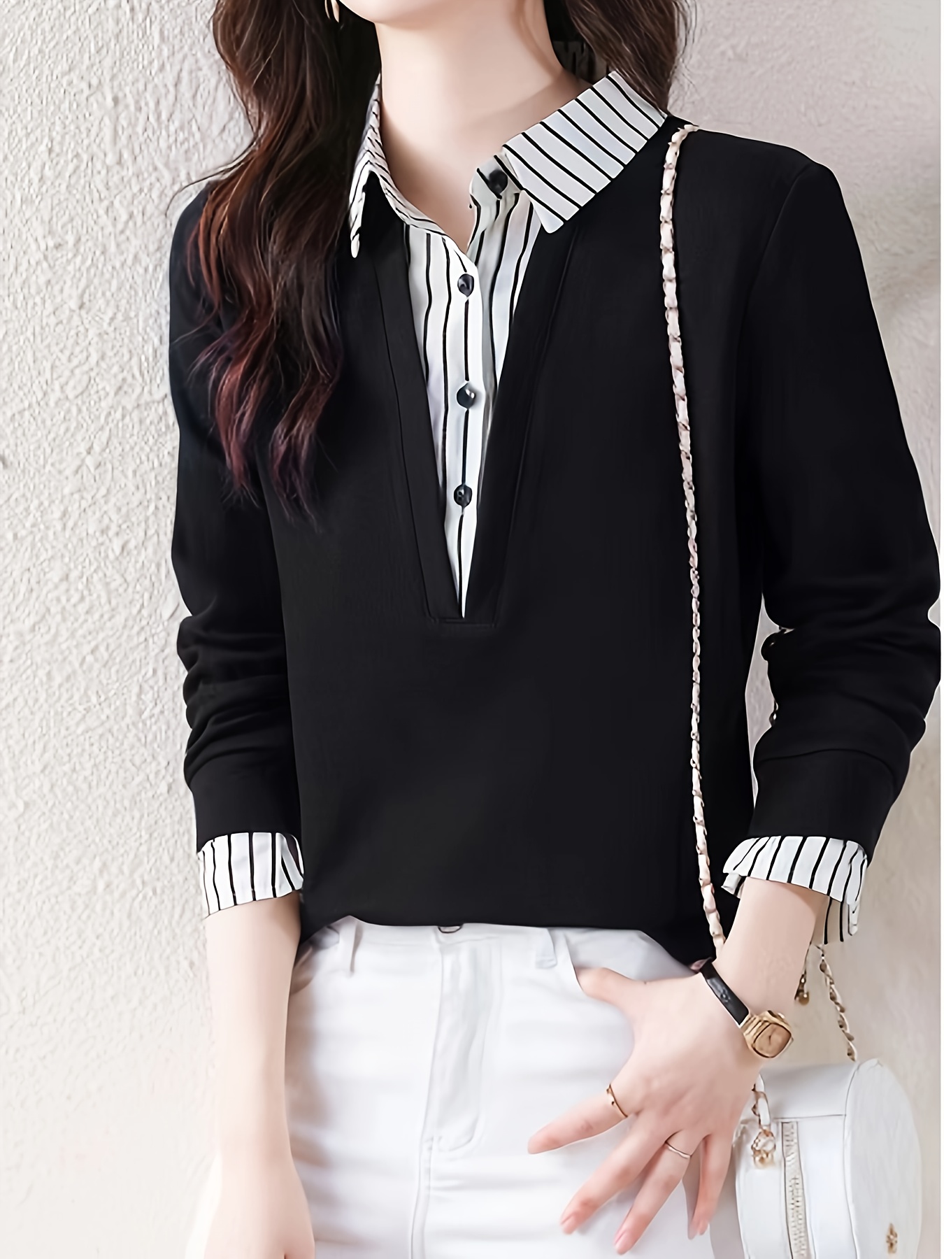 striped print color block splicing shirt casual long sleeve button front shirt for spring fall womens clothing details 5