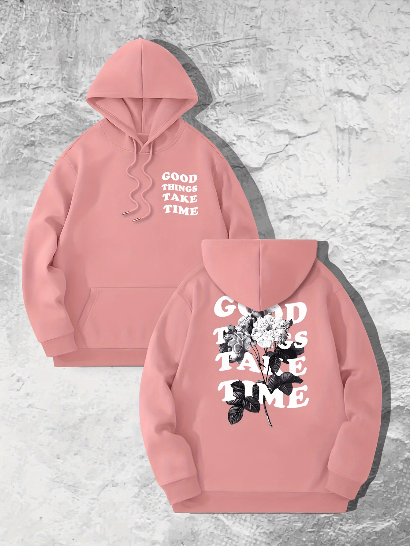 good things take time flower print mens pullover round neck long sleeve hooded sweatshirt pattern loose casual top for autumn winter mens clothing as gifts details 20