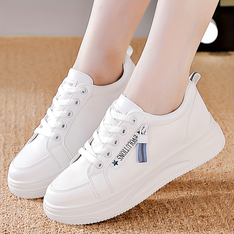 womens solid color casual sneakers lace up wear resistant breathable white shoes versatile low top trainers details 4