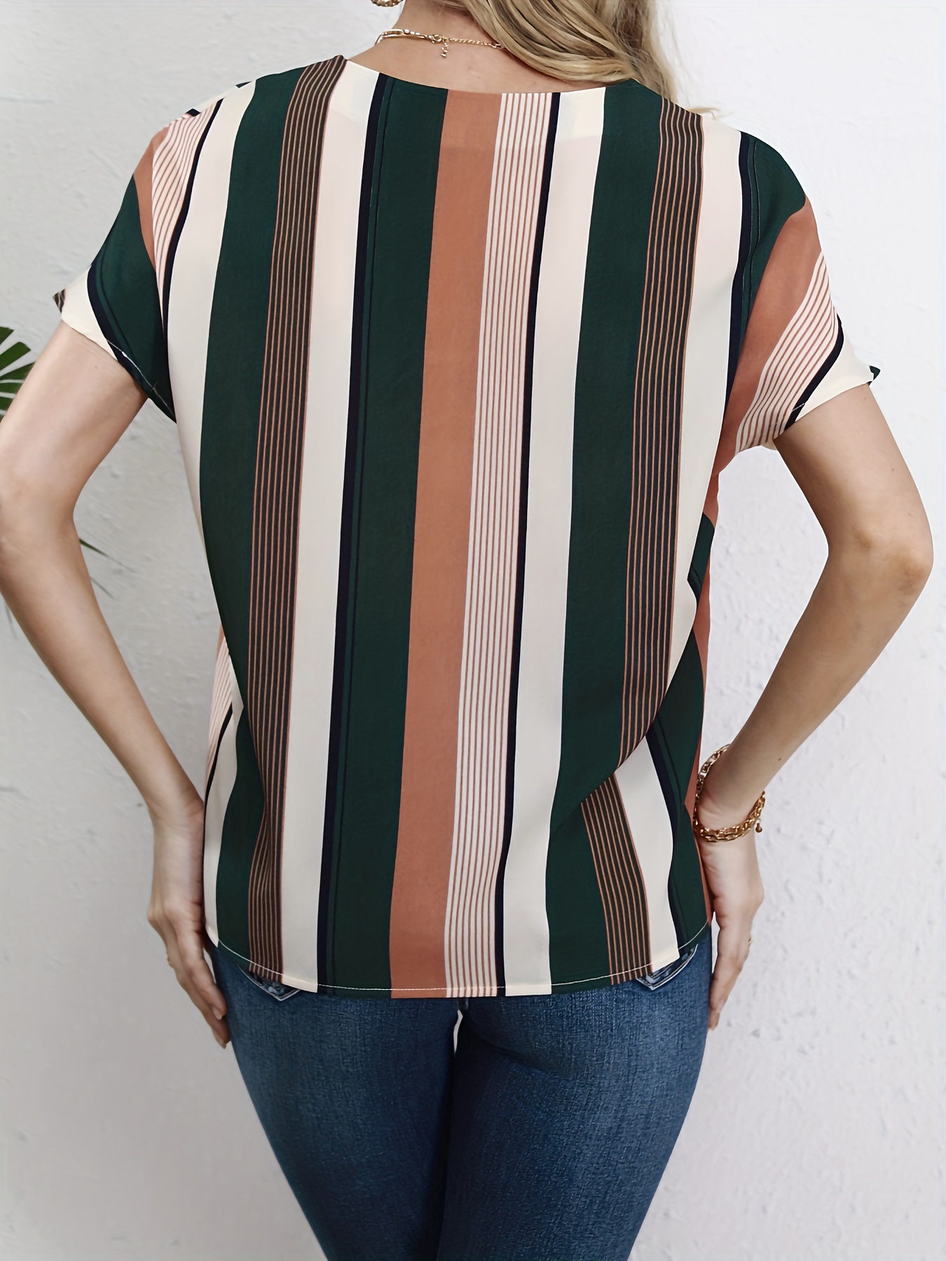 striped notched neck blouse casual short sleeve blouse for spring summer womens clothing details 11