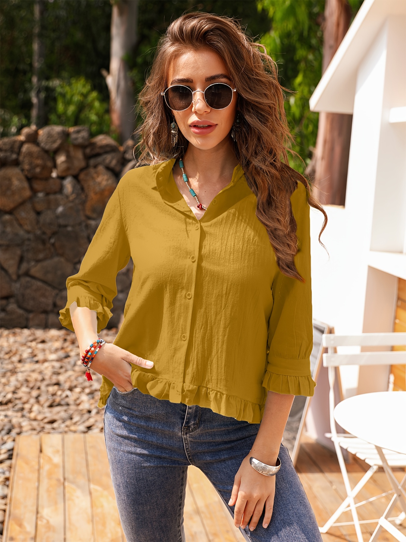 solid ruffle trim 3 4 sleeve t shirt casual all seasons tops womens clothing details 9