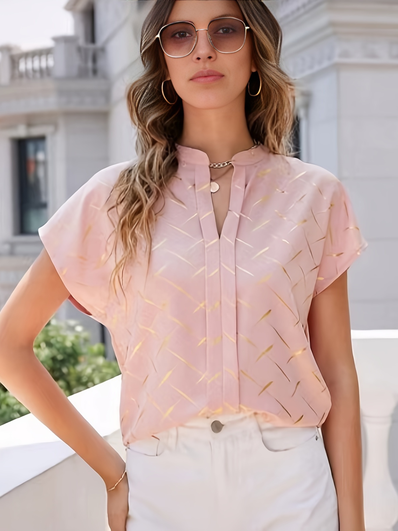 fluorescent v neck short sleeve shirt casual loose office stylish shirt womens clothing details 1