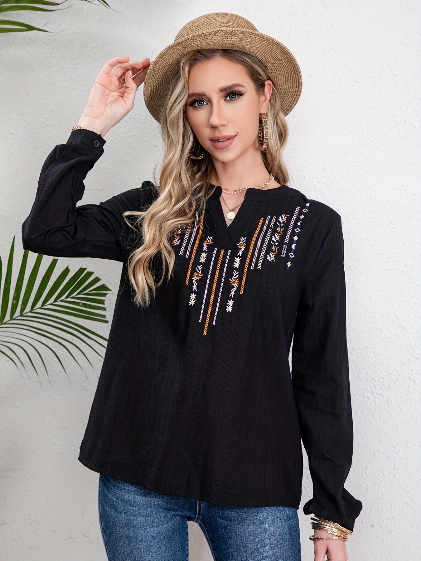 embroidery ethnic style v neck shirt casual long sleeve spring autumn shirts tops womens clothing details 4