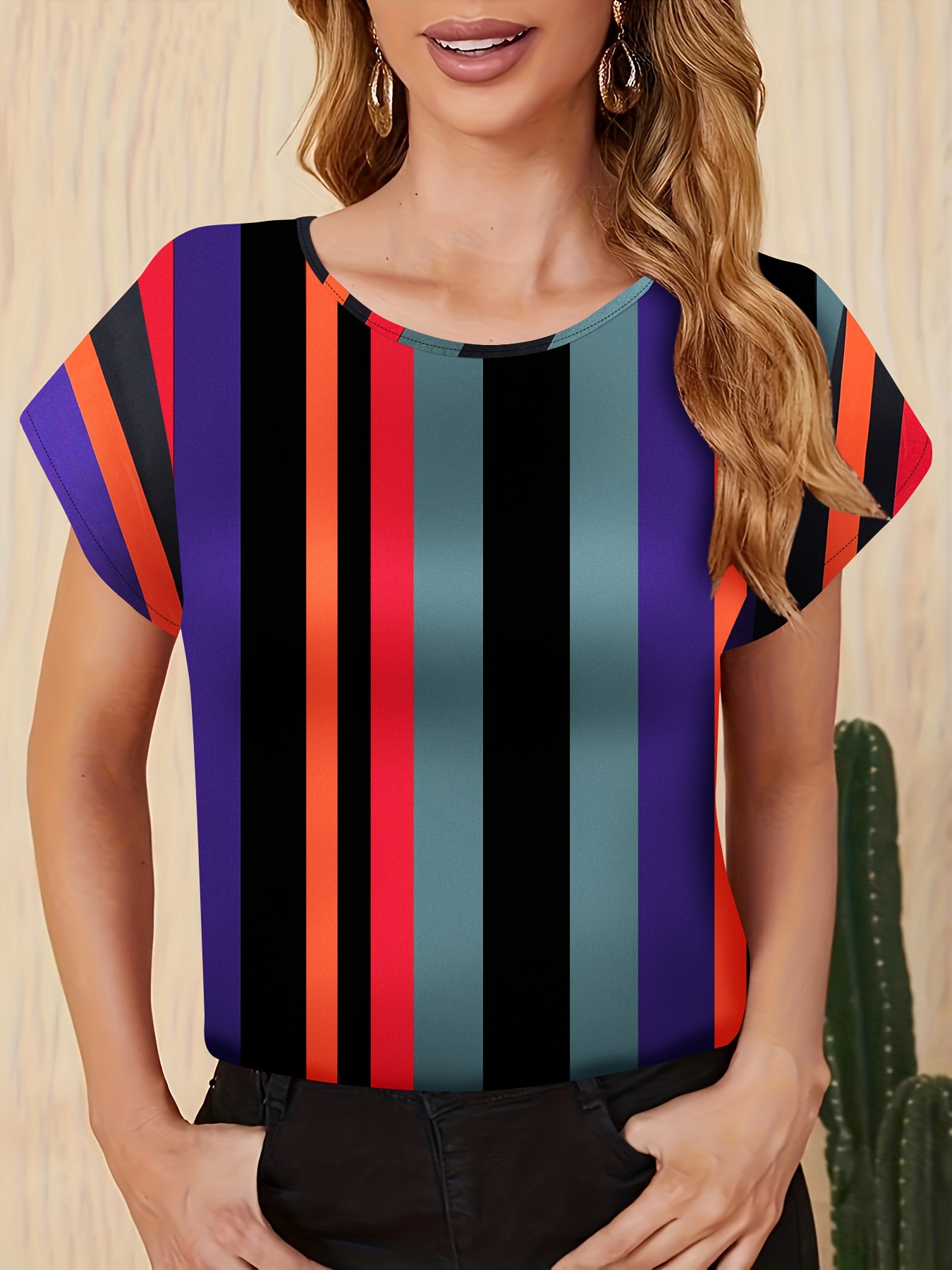 striped print color block blouse casual crew neck short sleeve top for spring summer womens clothing details 10