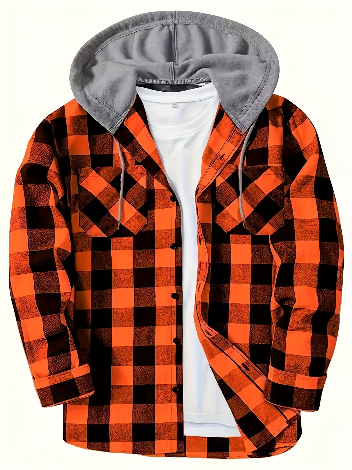 casual regular fit button up hooded shirts jacket, classic design plaid shirt coat for men long sleeve casual regular fit button up hooded shirts jacket details 0