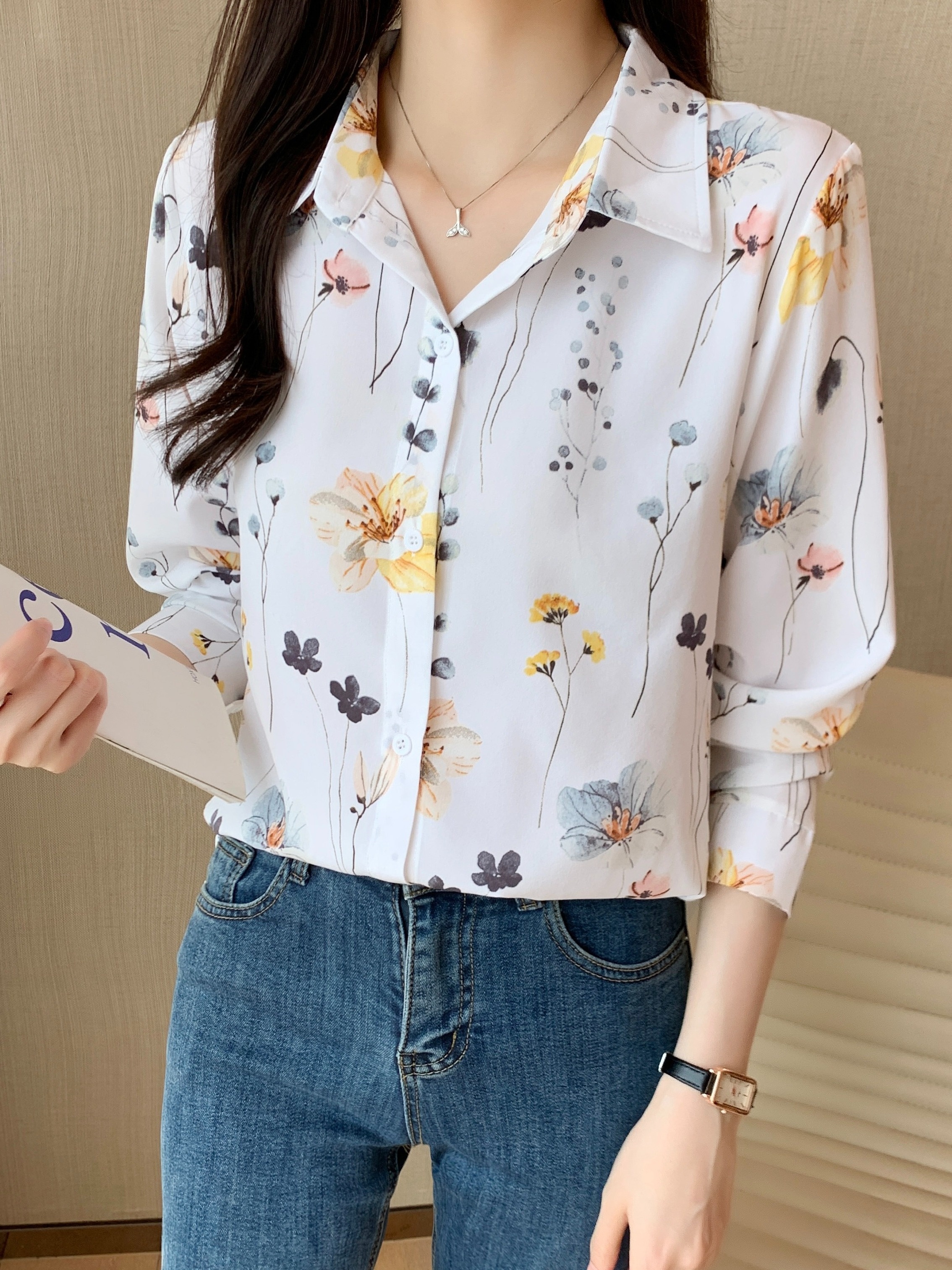 floral print button front shirt casual long sleeve shirt for spring fall womens clothing details 1