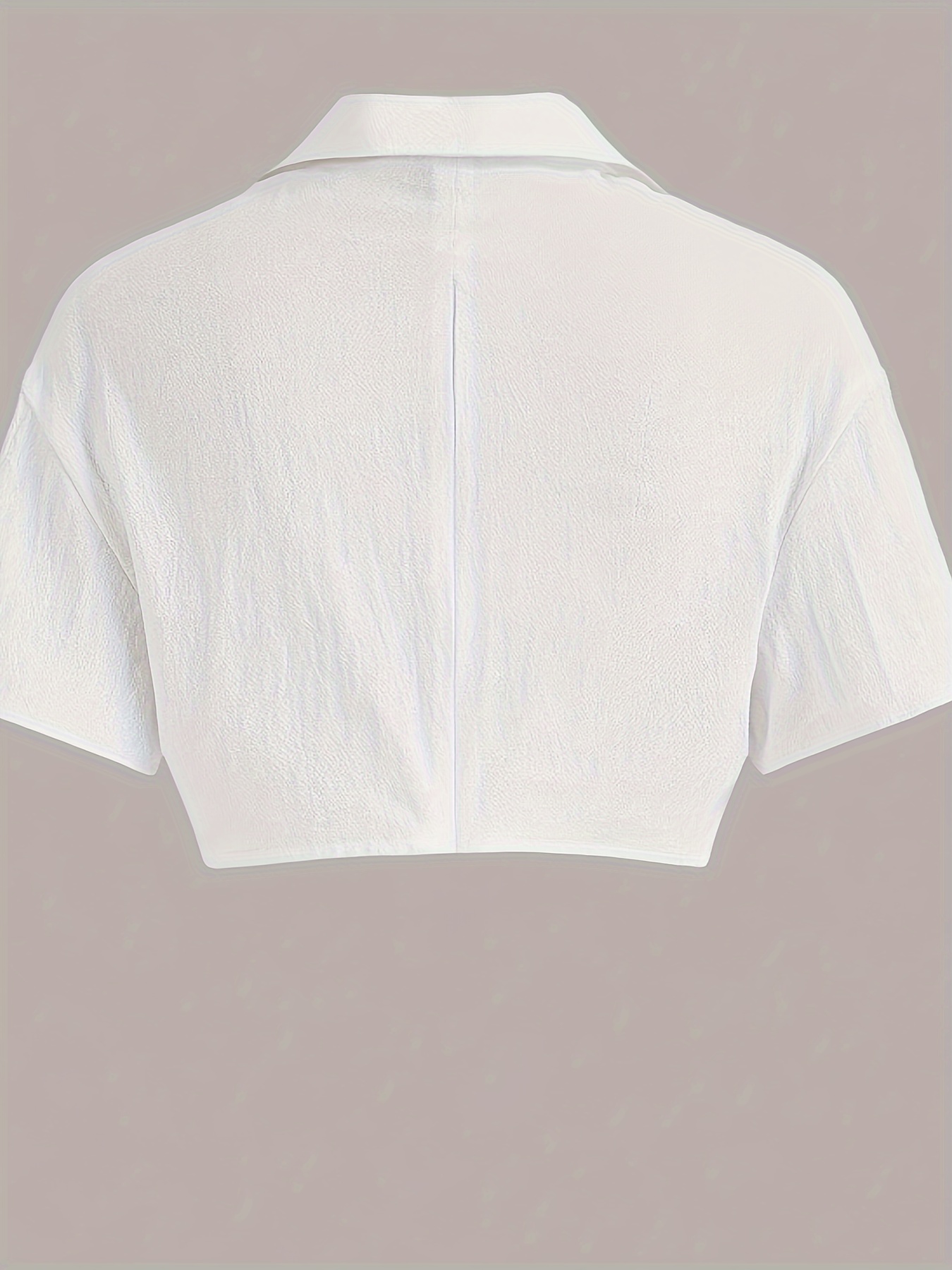 solid flap detail lapel collar blouse elegant short sleeve crop blouse womens clothing details 0