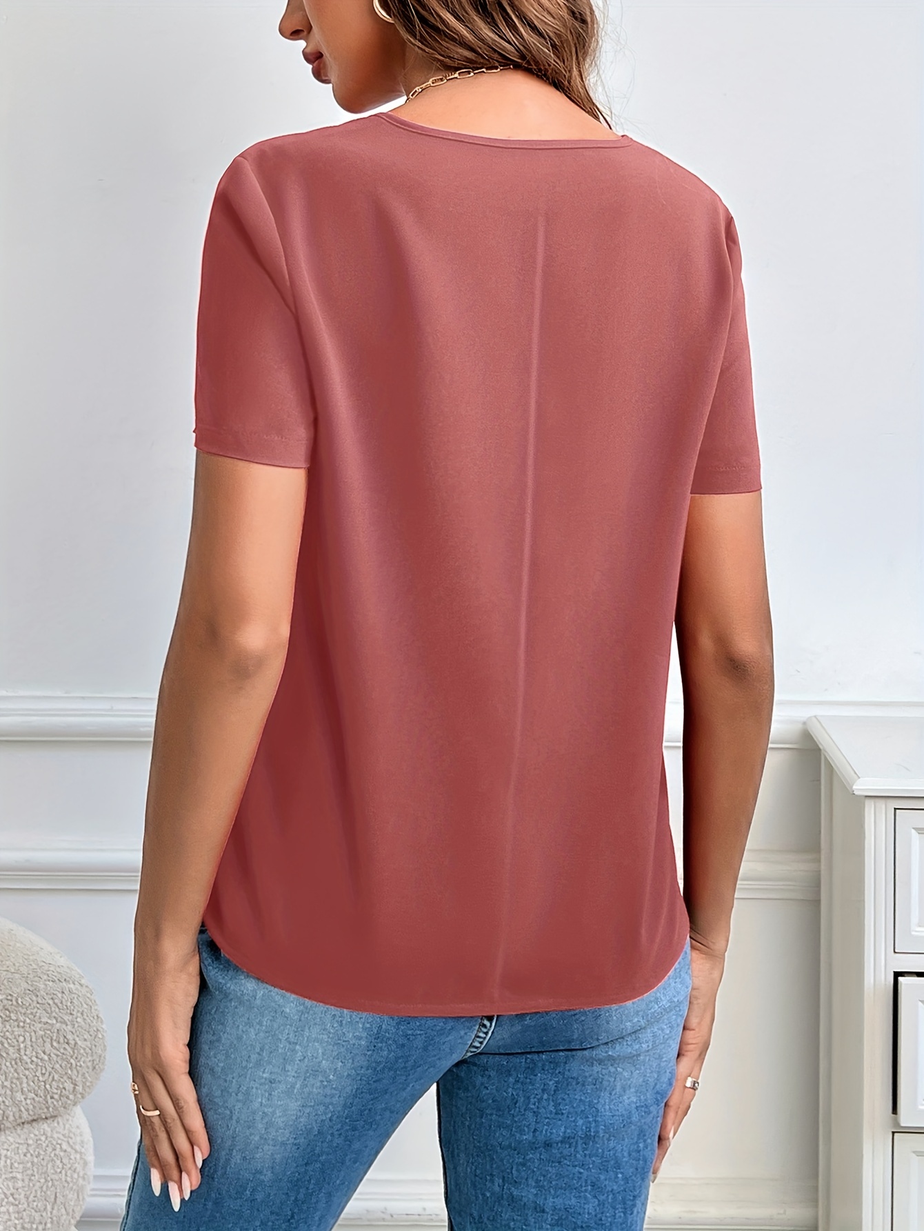 solid notched neck blouse casual short sleeve simple blouse womens clothing details 22