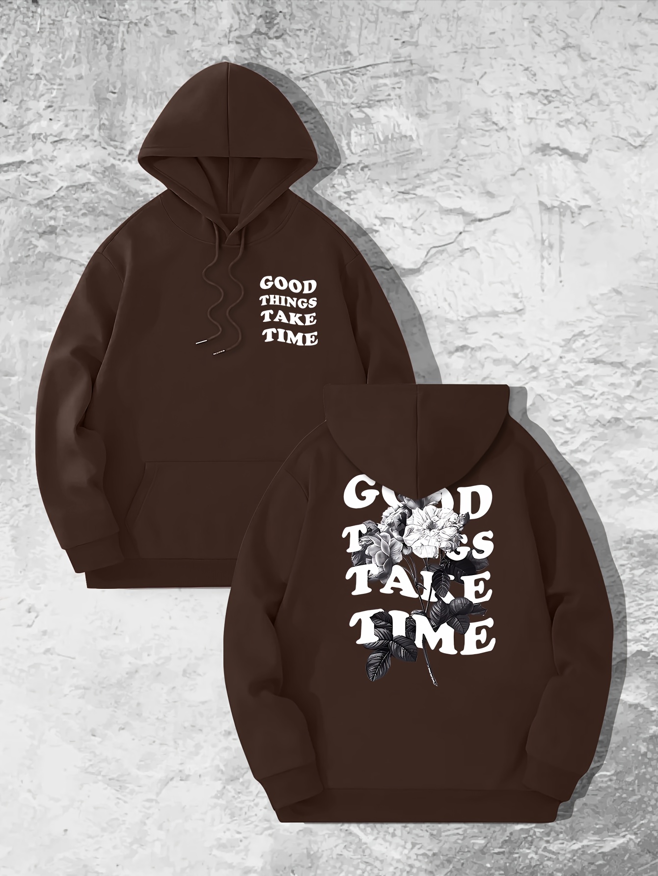 good things take time flower print mens pullover round neck long sleeve hooded sweatshirt pattern loose casual top for autumn winter mens clothing as gifts details 10