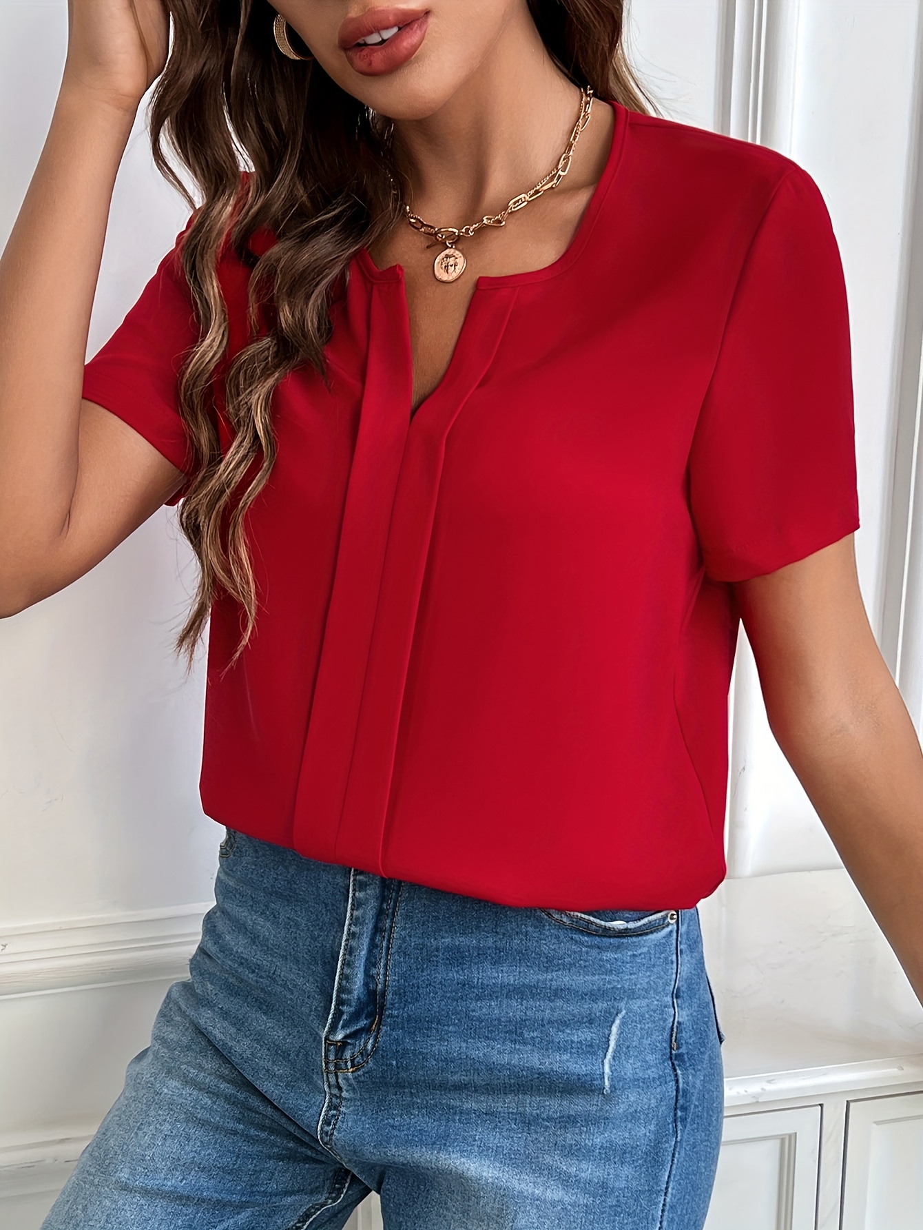solid notched neck blouse casual short sleeve simple blouse womens clothing details 34