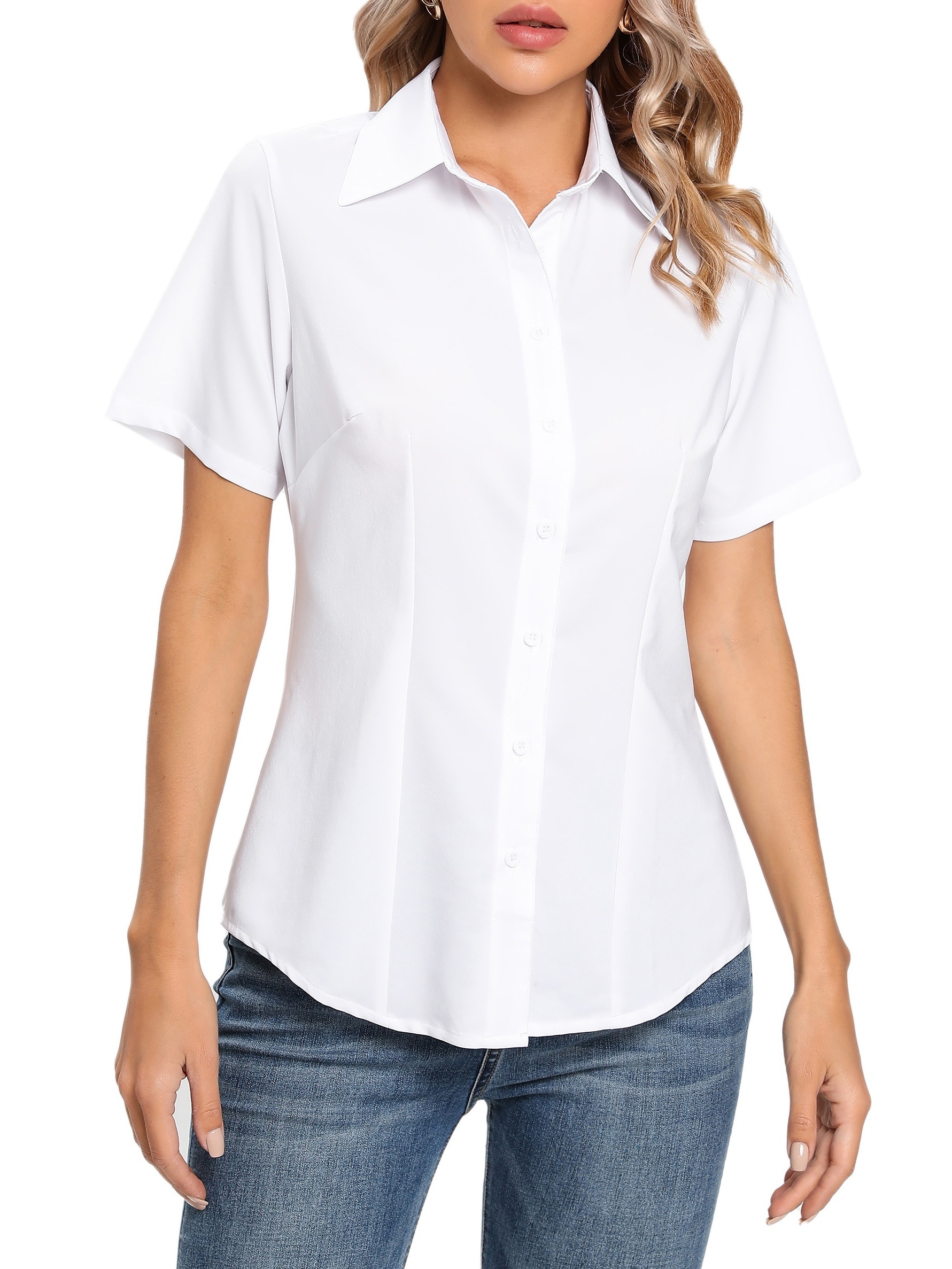 solid button front blouse casual short sleeve blouse for spring summer womens clothing details 15