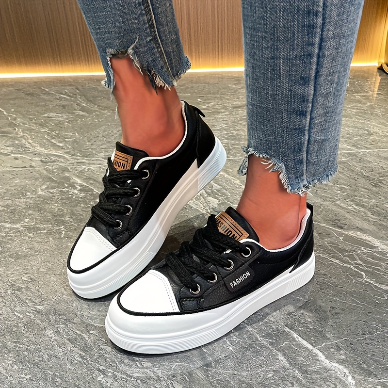 womens solid color casual sneakers lace up platform soft sole skate shoes low top versatile walking shoes details 6