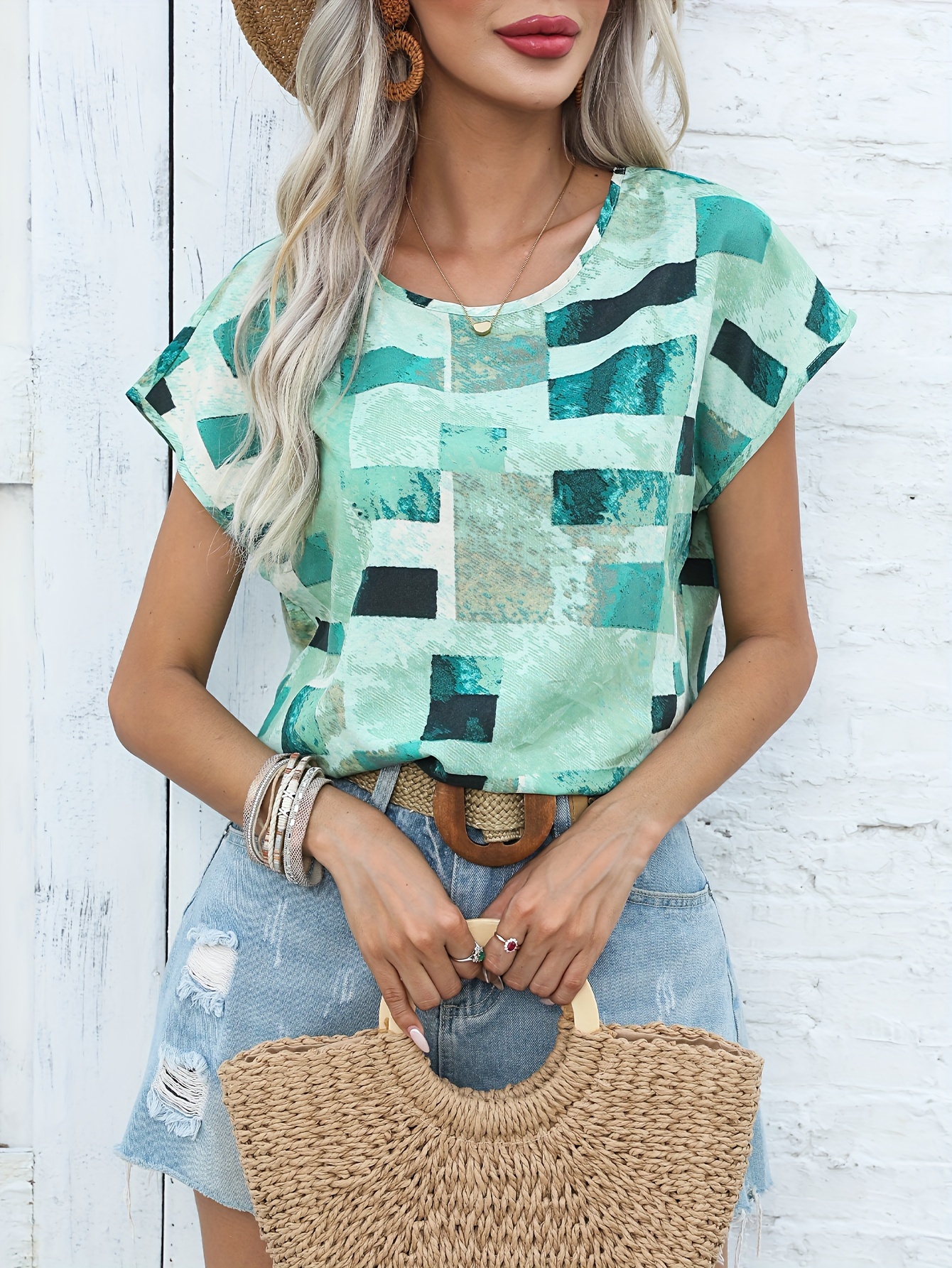 graphic print crew neck t shirt short sleeve aztec print tops womens clothing details 1