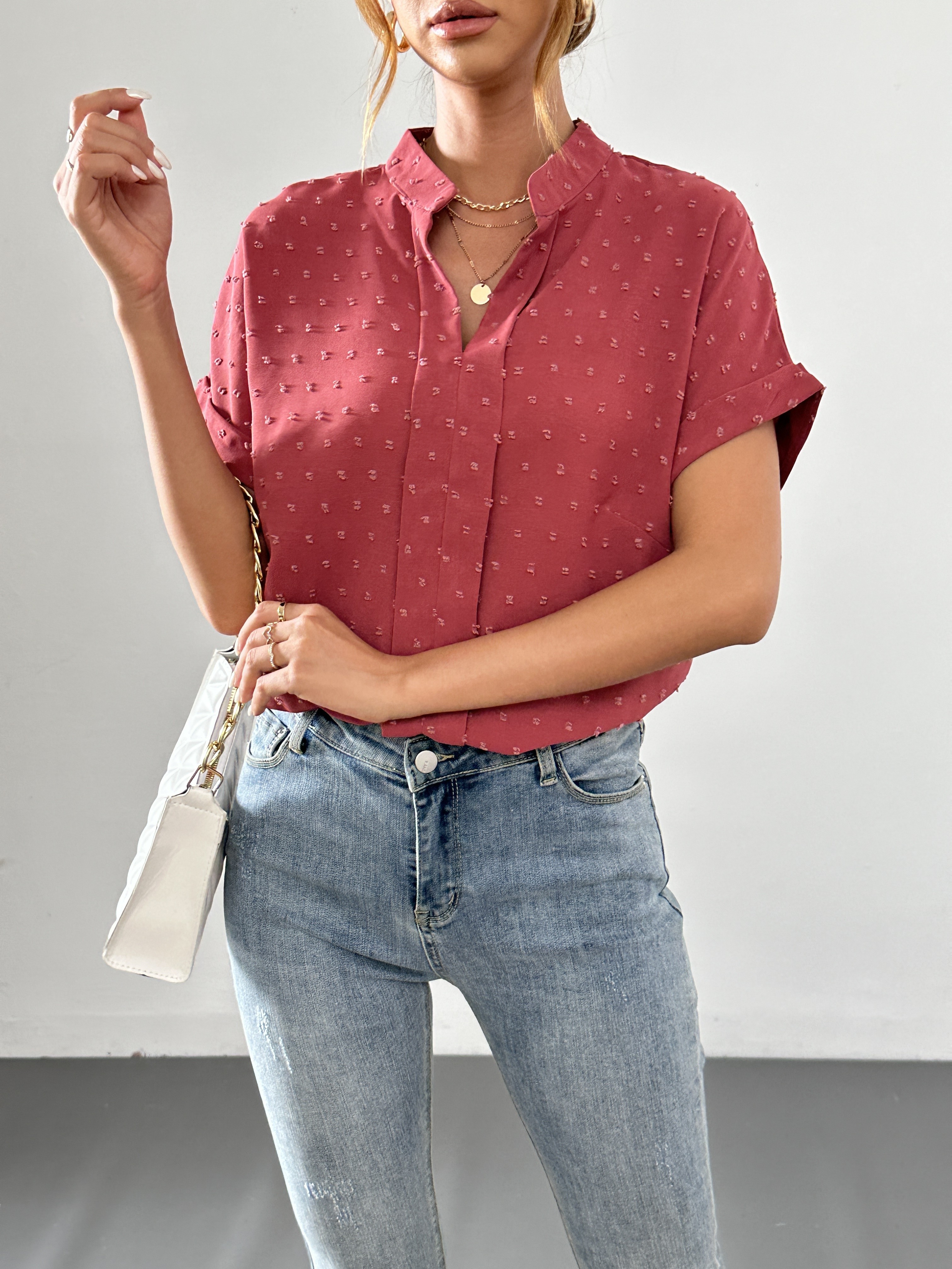 solid versatile blouse v neck short sleeve casual blouse womens clothing details 4