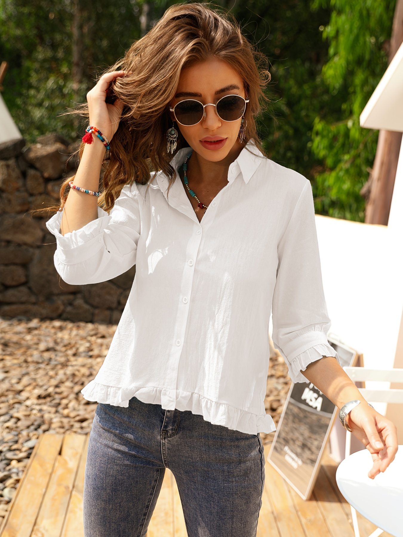 solid ruffle trim 3 4 sleeve t shirt casual all seasons tops womens clothing details 13