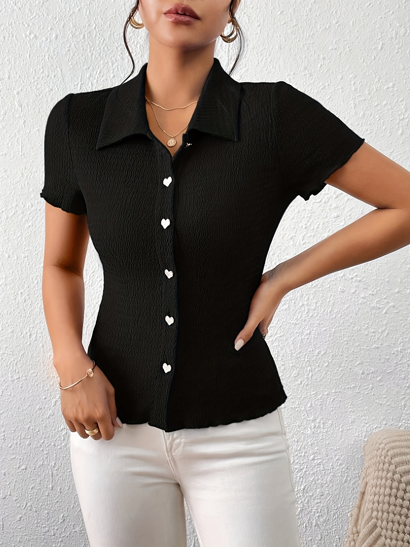 heart shaped button slim shirt short sleeve shirt for spring summer womens clothing details 7