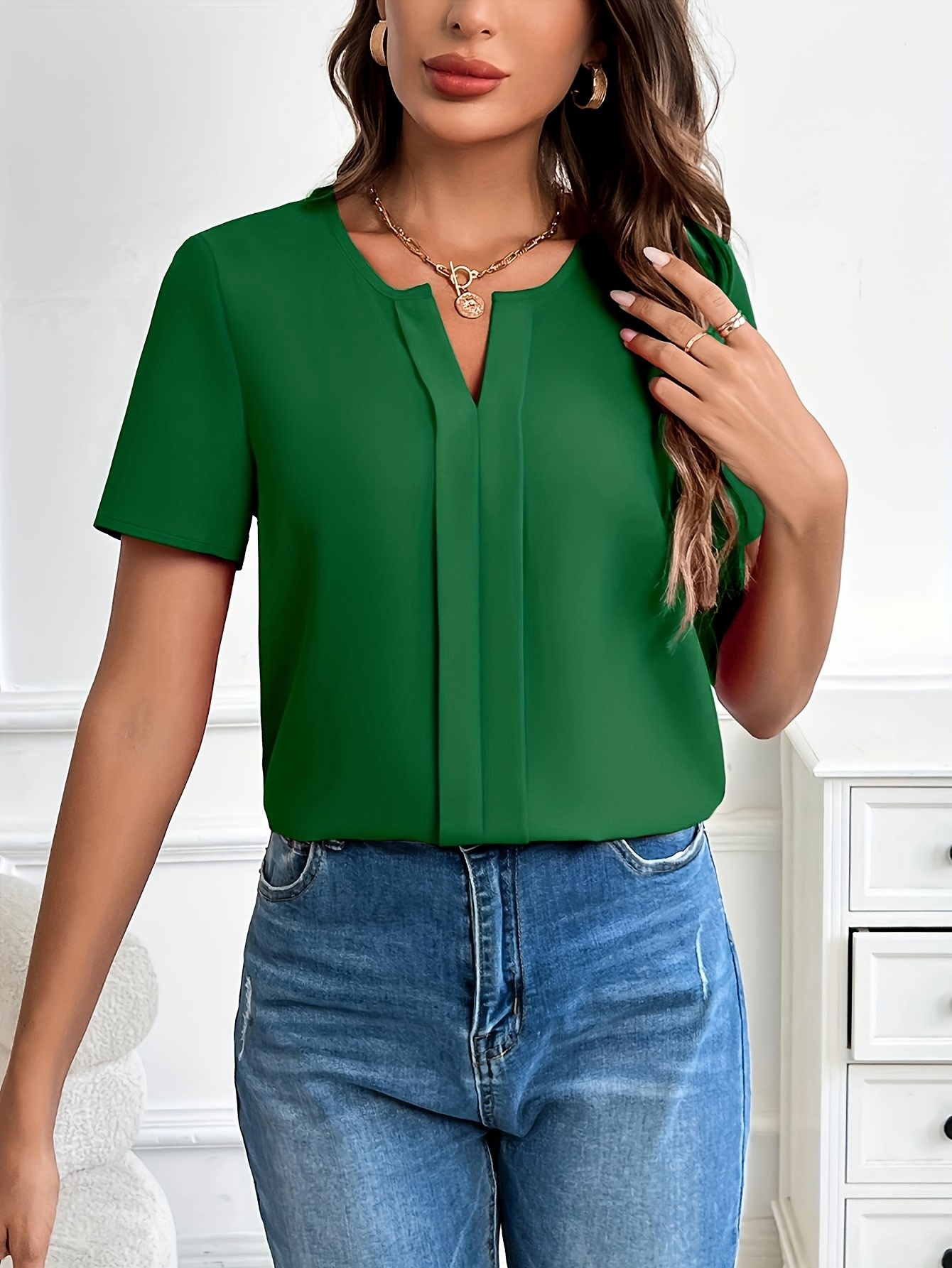 solid notched neck blouse casual short sleeve simple blouse womens clothing details 14