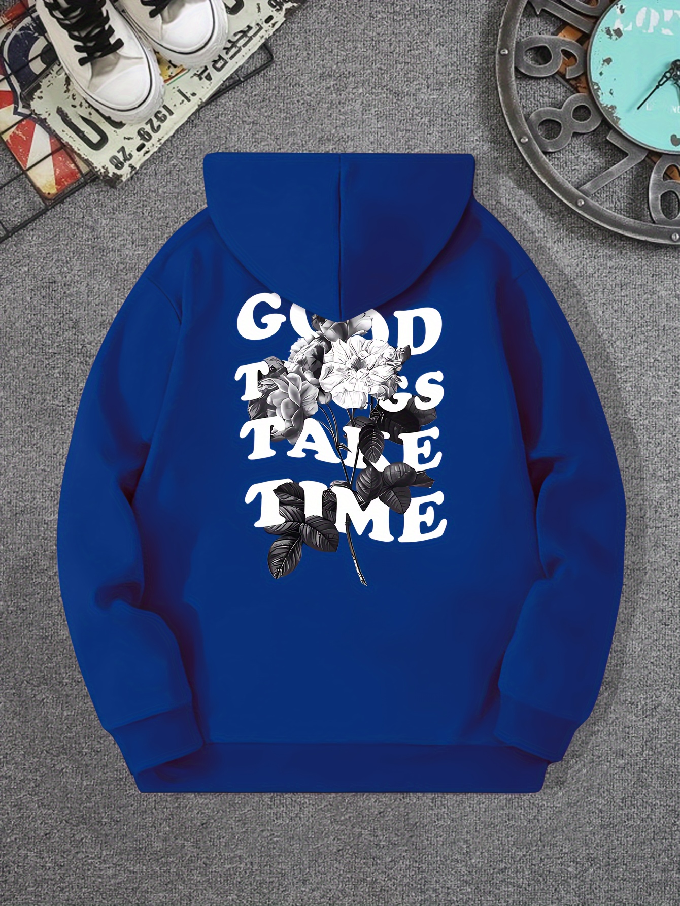 good things take time flower print mens pullover round neck long sleeve hooded sweatshirt pattern loose casual top for autumn winter mens clothing as gifts details 16