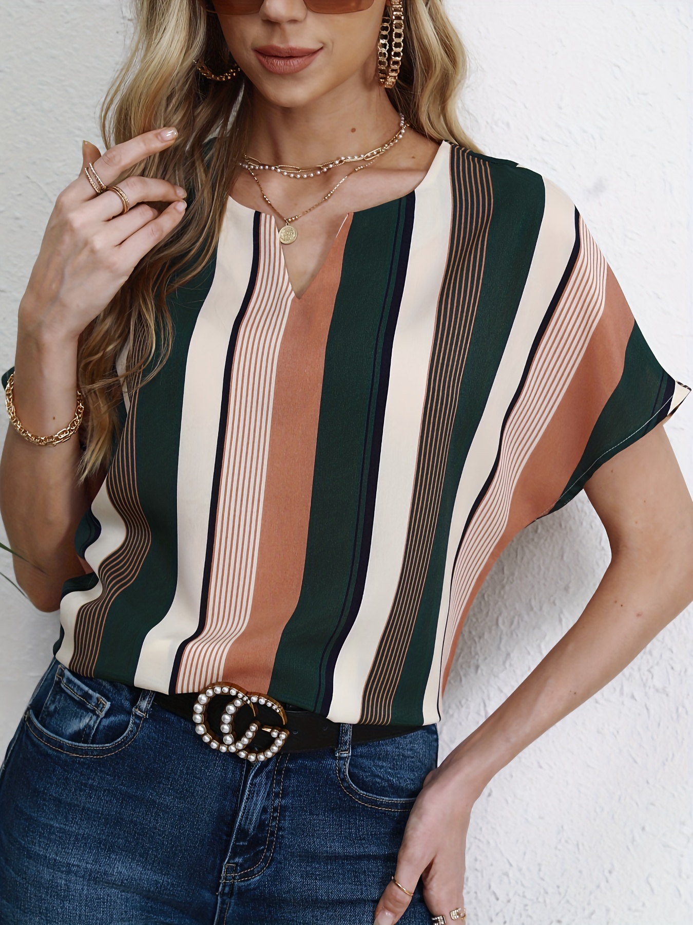 striped notched neck blouse casual short sleeve blouse for spring summer womens clothing details 14