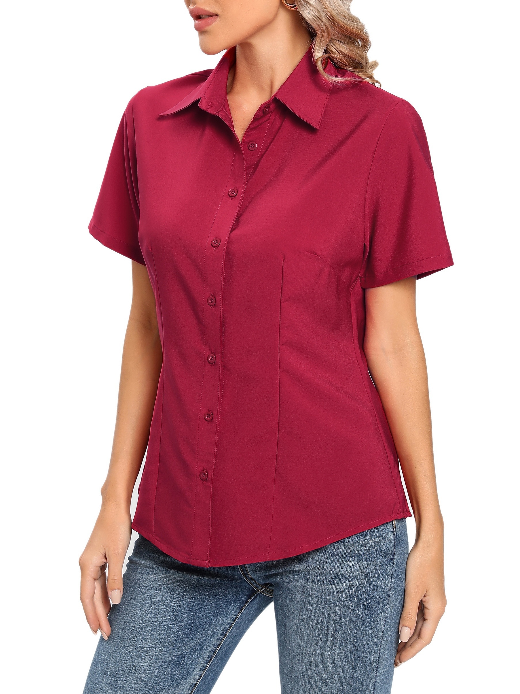 solid button front blouse casual short sleeve blouse for spring summer womens clothing details 8