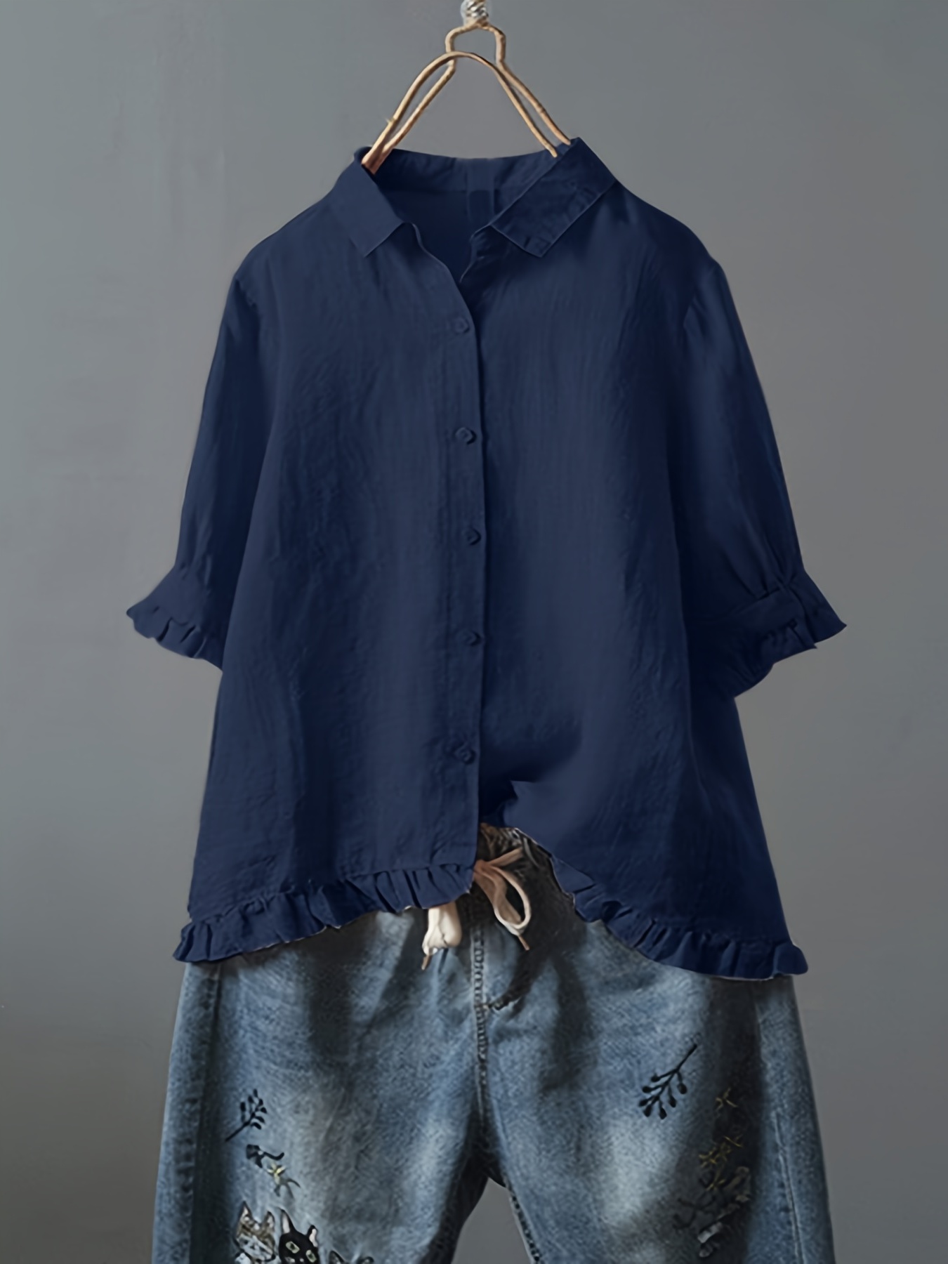 solid ruffle trim 3 4 sleeve t shirt casual all seasons tops womens clothing details 3