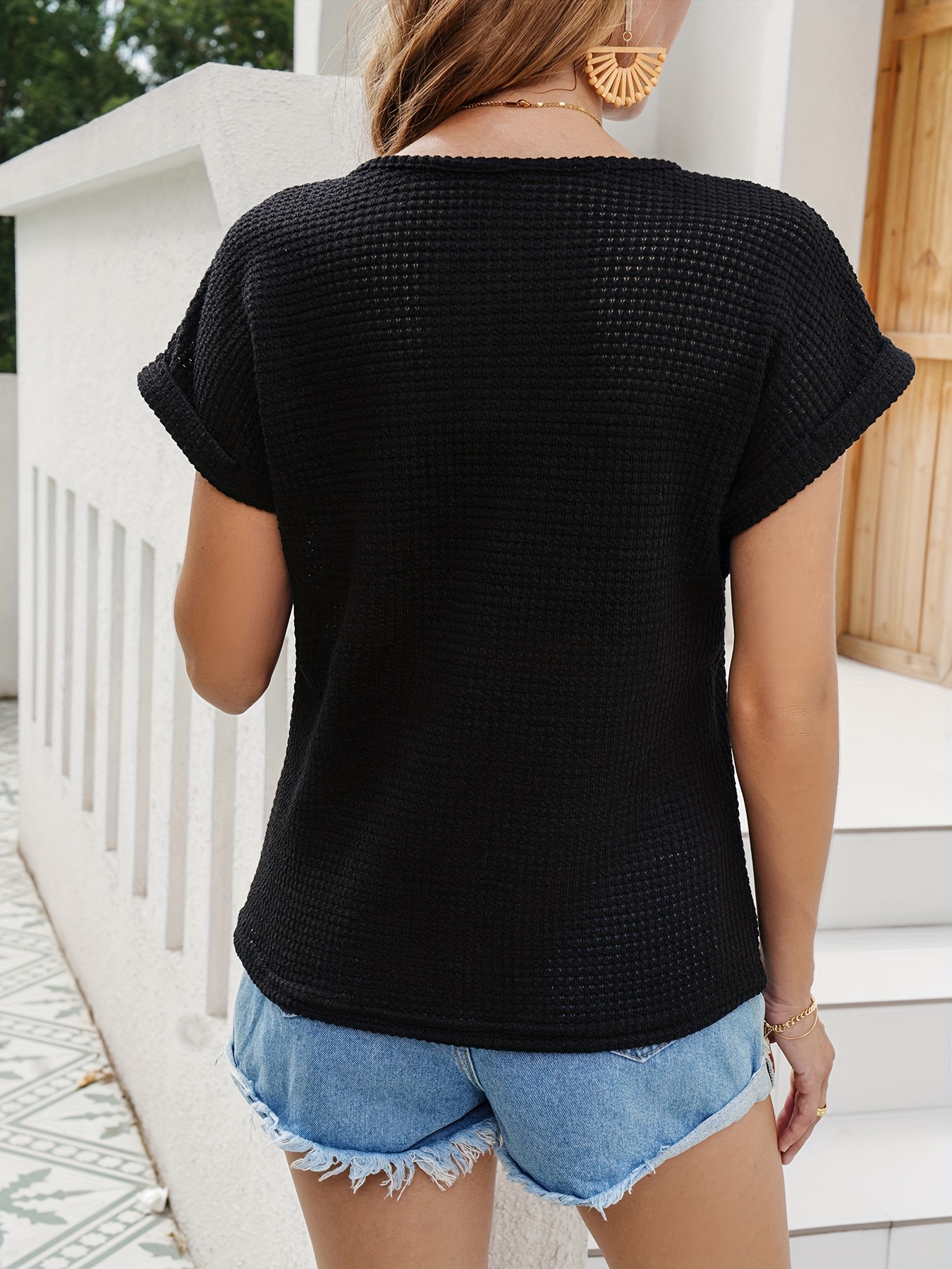 waffle knit v neck blouse casual short sleeve blouse for spring summer womens clothing details 21
