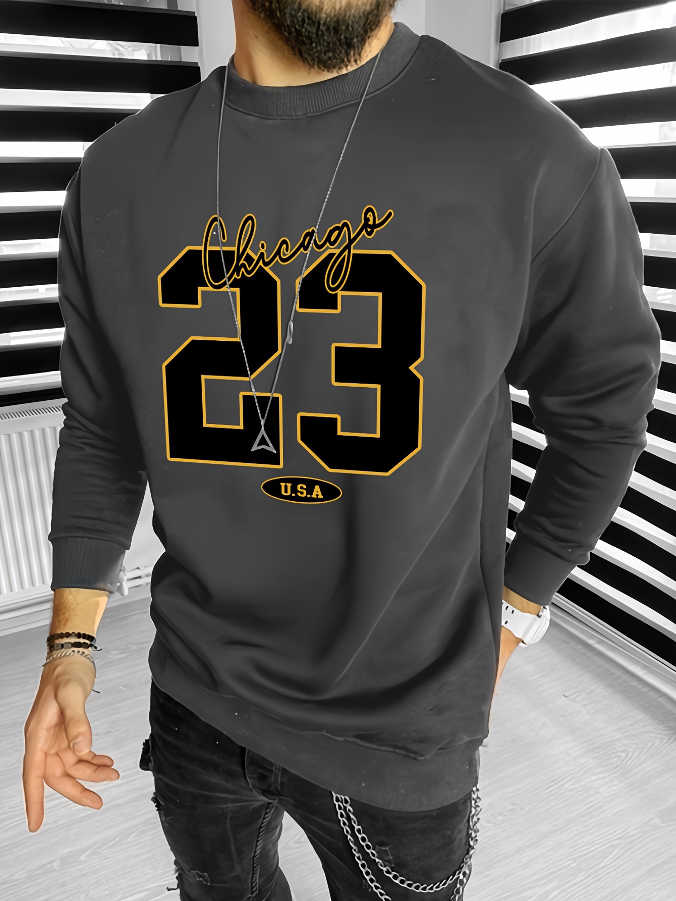mens fashionable casual number 23 print round neck pullover long sleeve sweatshirt suitable for outdoor sports for autumn and spring as gifts details 0