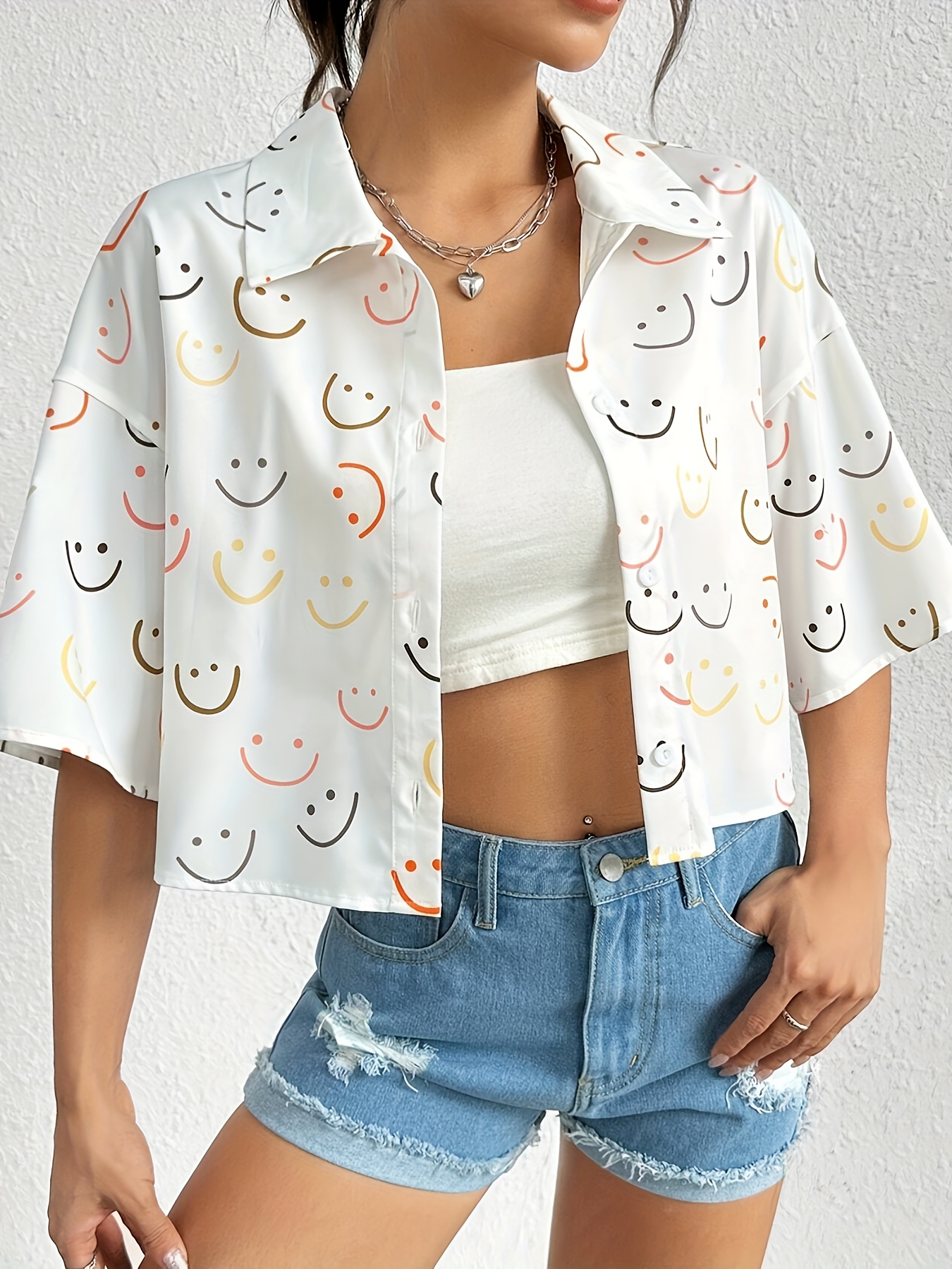 smile print button front crop shirt cute drop shoulder short sleeve shirt for spring summer womens clothing details 4