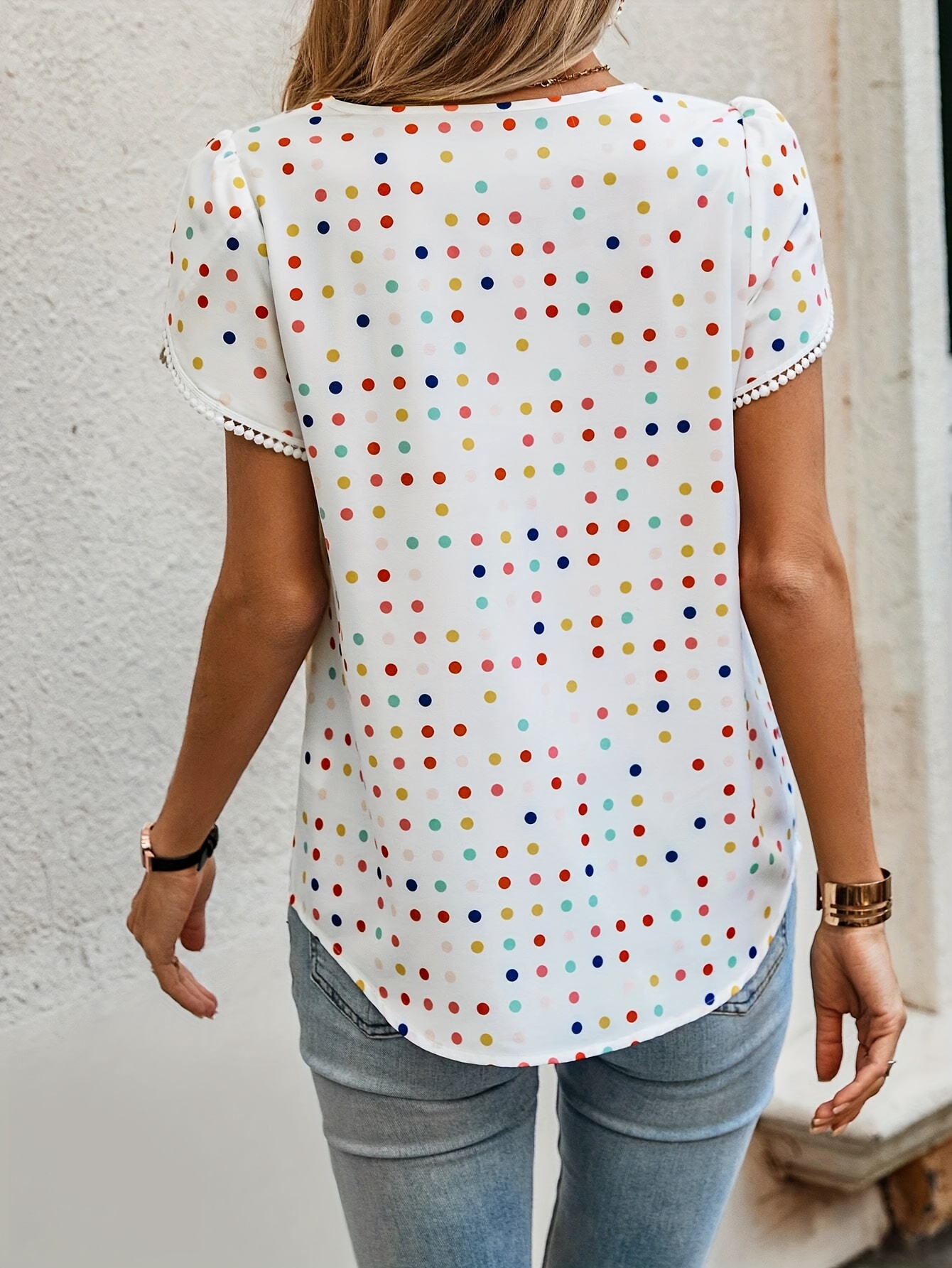 colorful dot print petal sleeve blouse cute crew neck blouse for spring summer womens clothing details 0