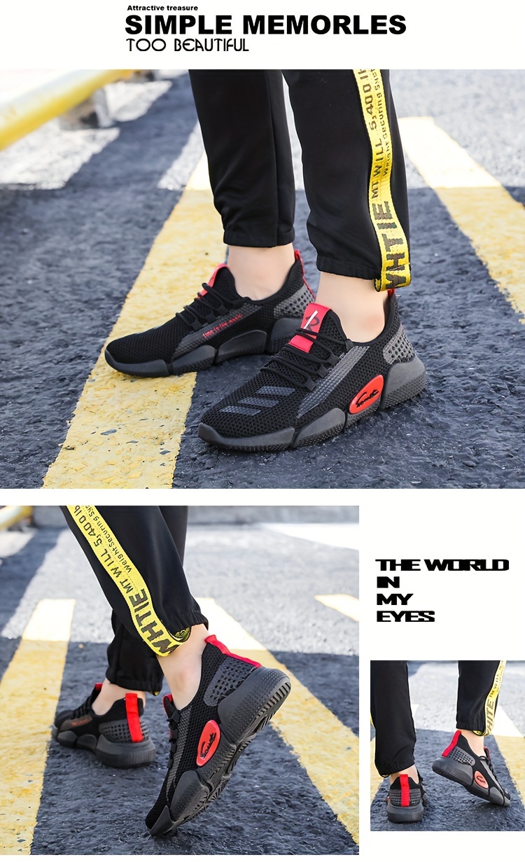 mens trendy woven knit breathable chunky shoes comfy non slip lace up durable sneakers for mens outdoor activities details 0