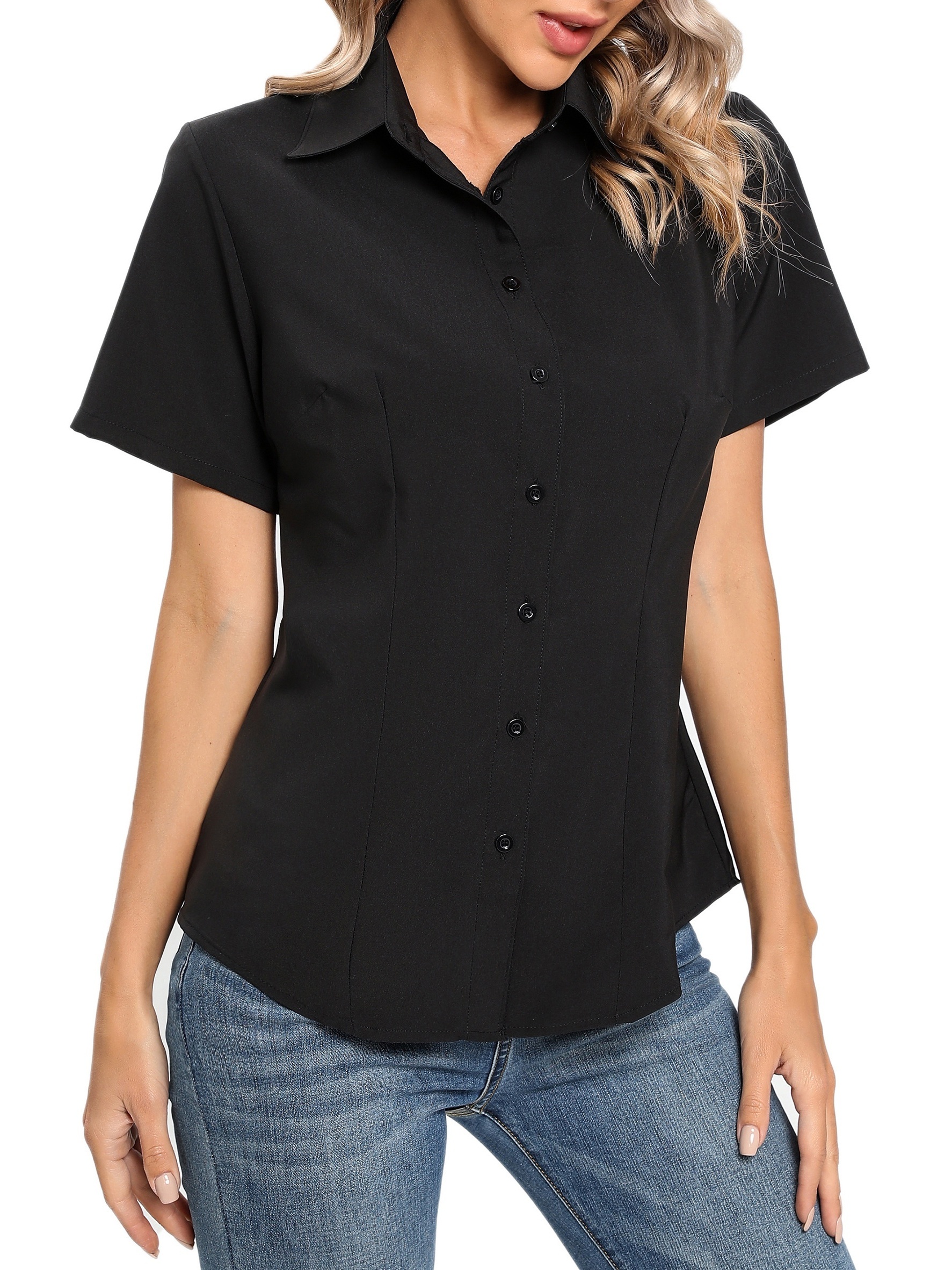 solid button front blouse casual short sleeve blouse for spring summer womens clothing details 22