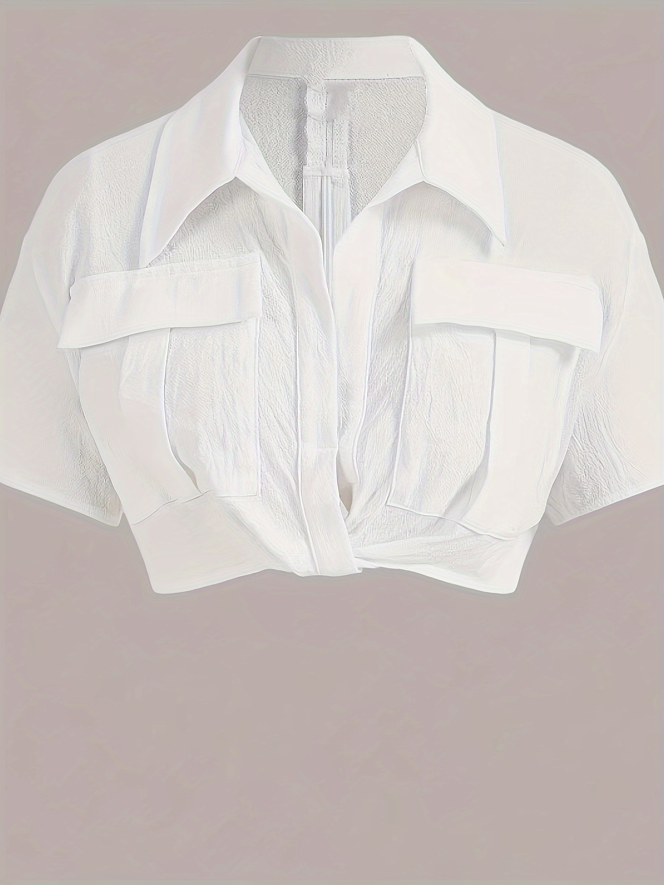solid flap detail lapel collar blouse elegant short sleeve crop blouse womens clothing details 1