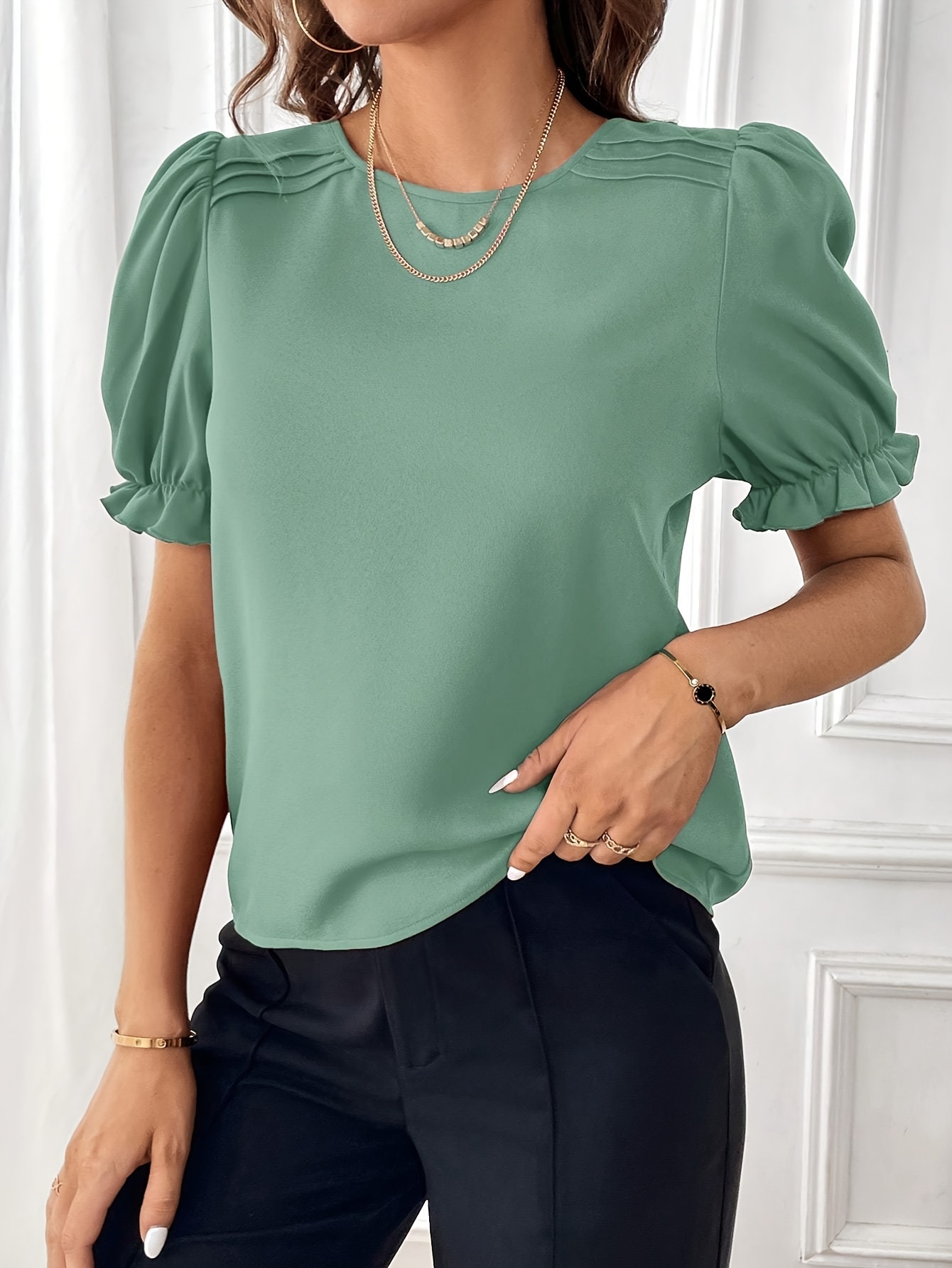 solid crew neck blouse elegant puff sleeve blouse for spring summer womens clothing details 4