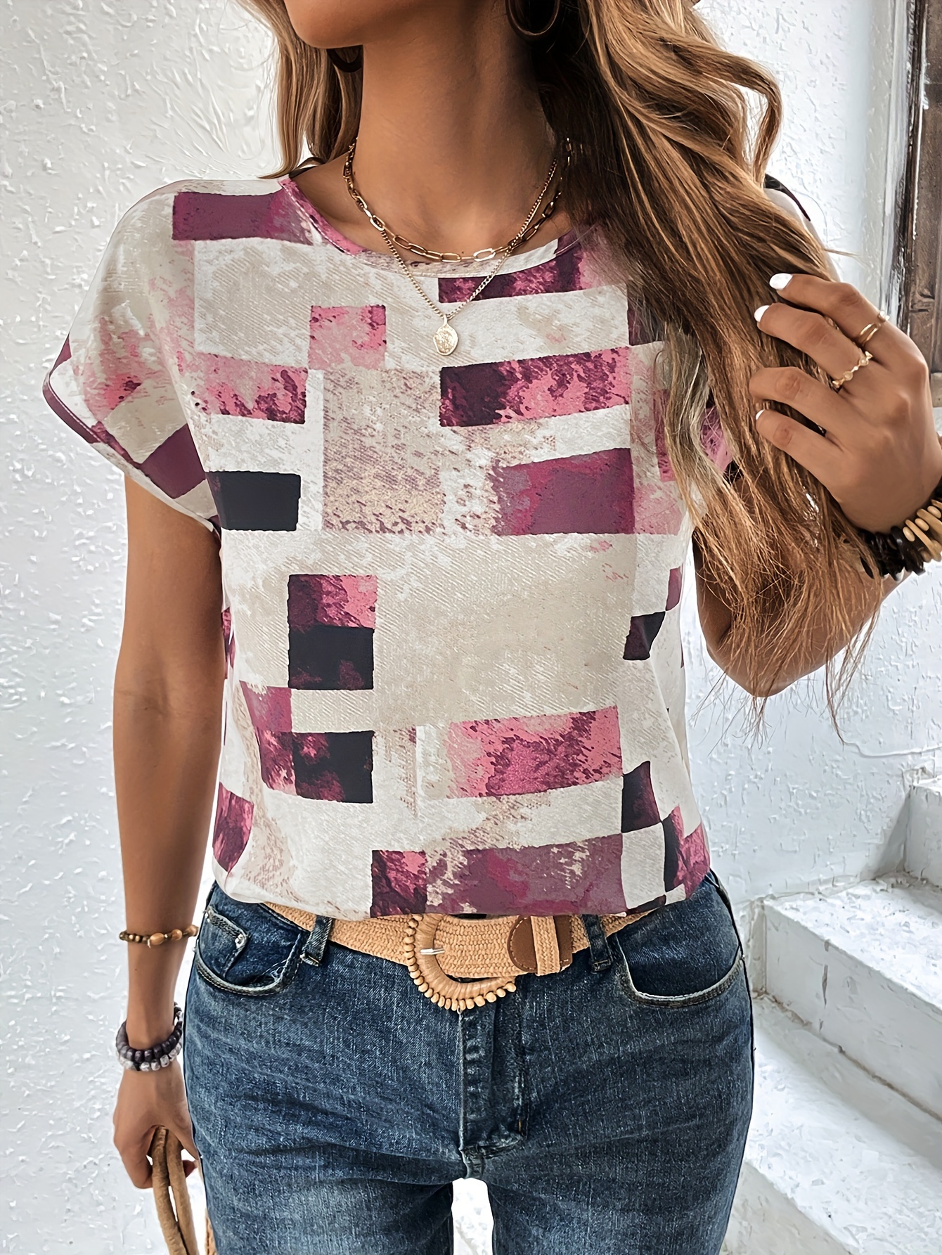 graphic print crew neck t shirt short sleeve aztec print tops womens clothing details 23