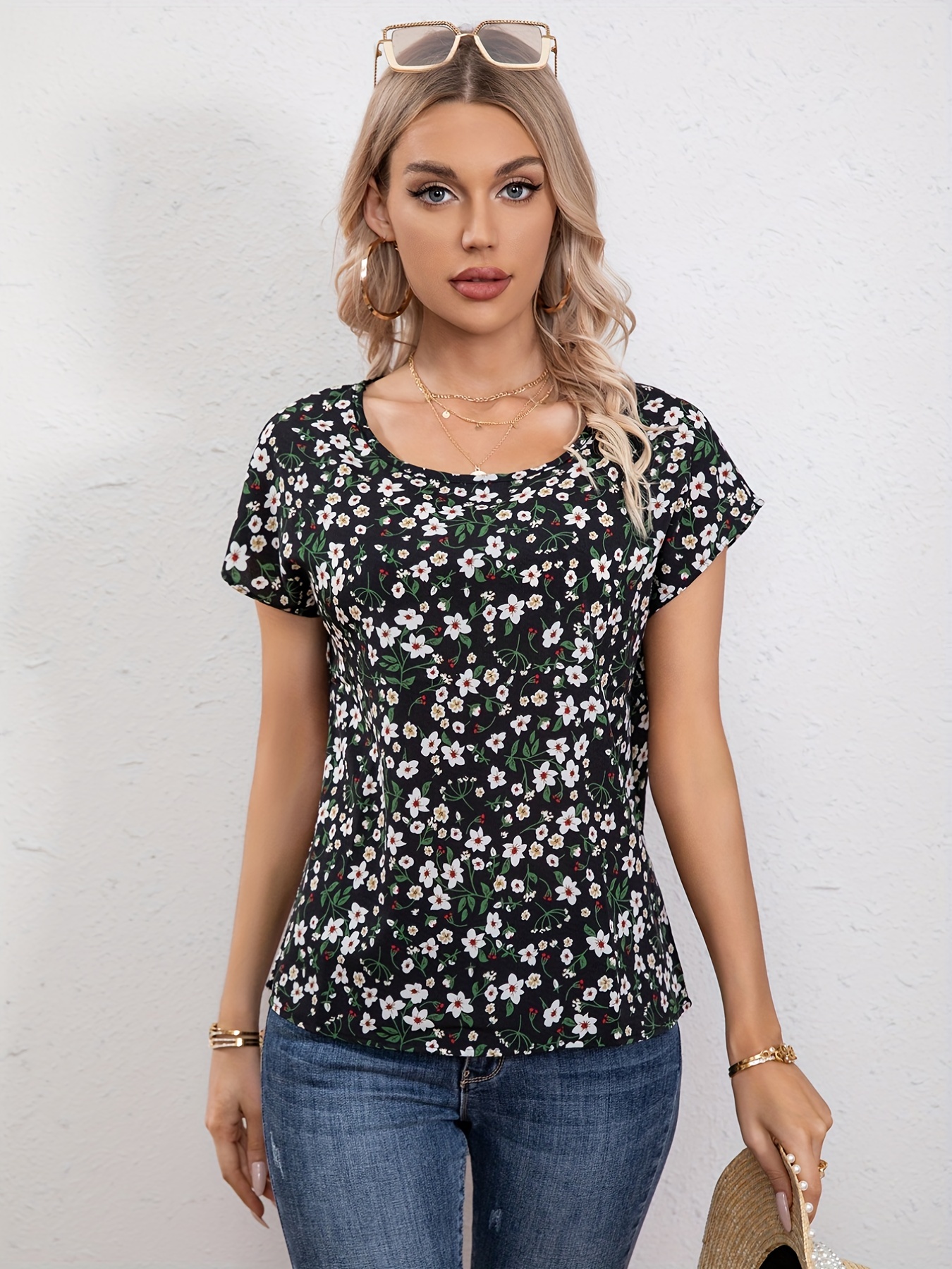 floral print crew neck blouse casual short sleeve blouse for spring summer womens clothing details 2
