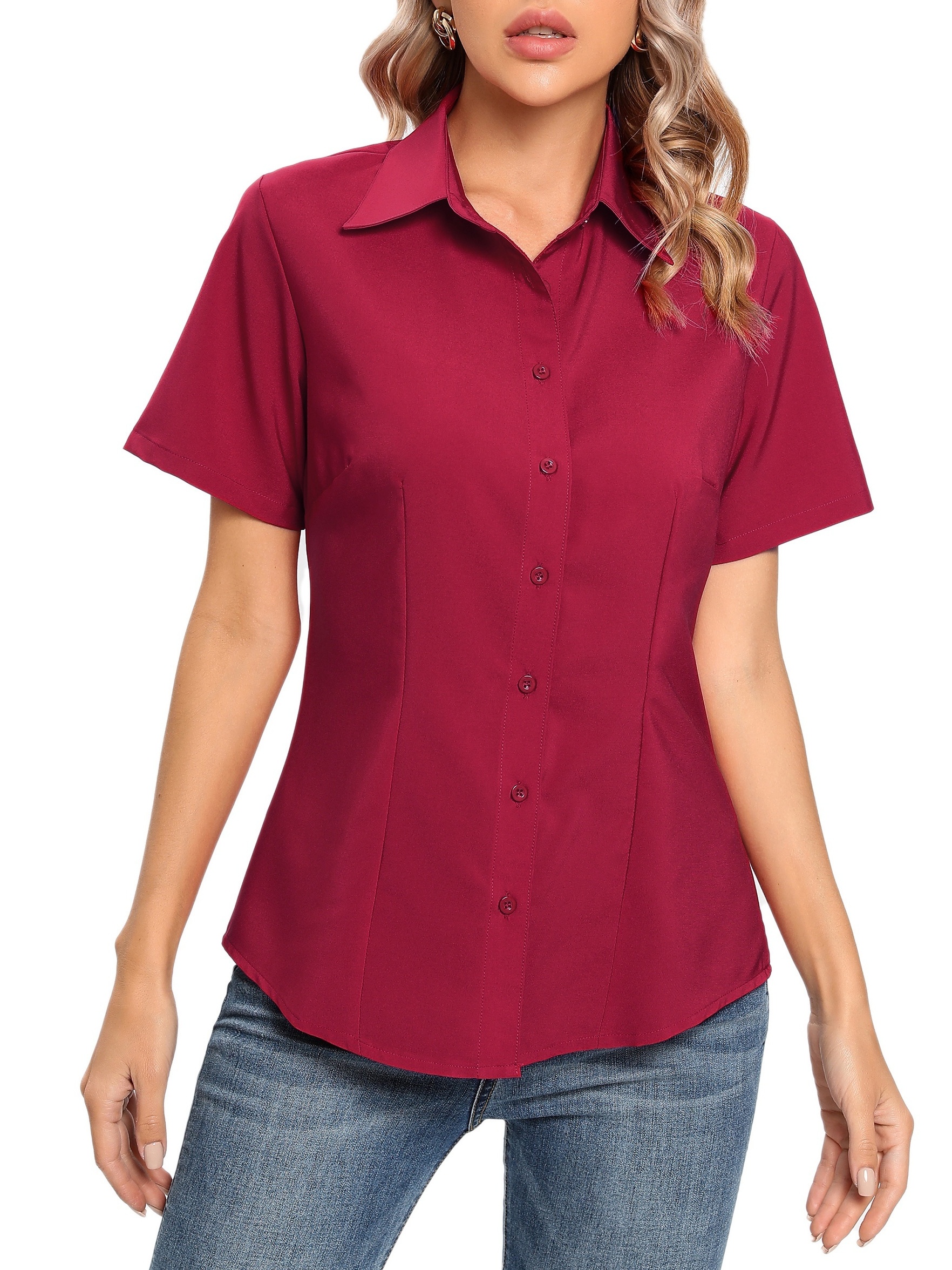 solid button front blouse casual short sleeve blouse for spring summer womens clothing details 5