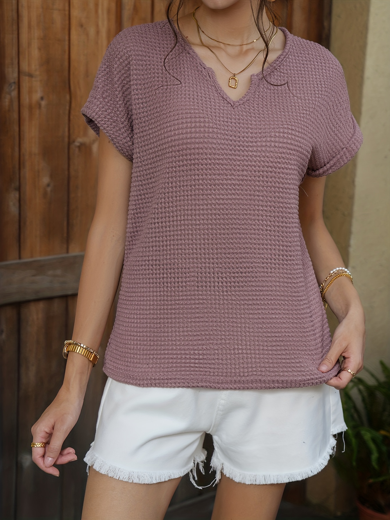 waffle knit v neck blouse casual short sleeve blouse for spring summer womens clothing details 33