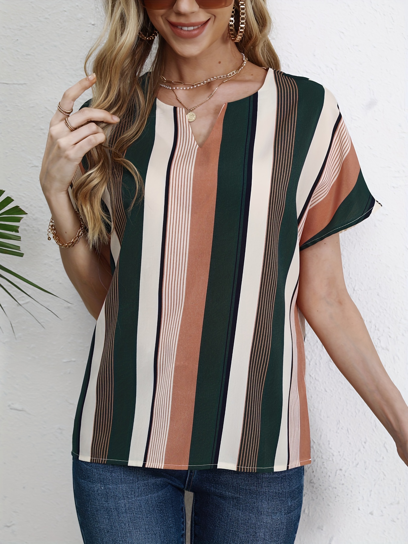striped notched neck blouse casual short sleeve blouse for spring summer womens clothing details 15