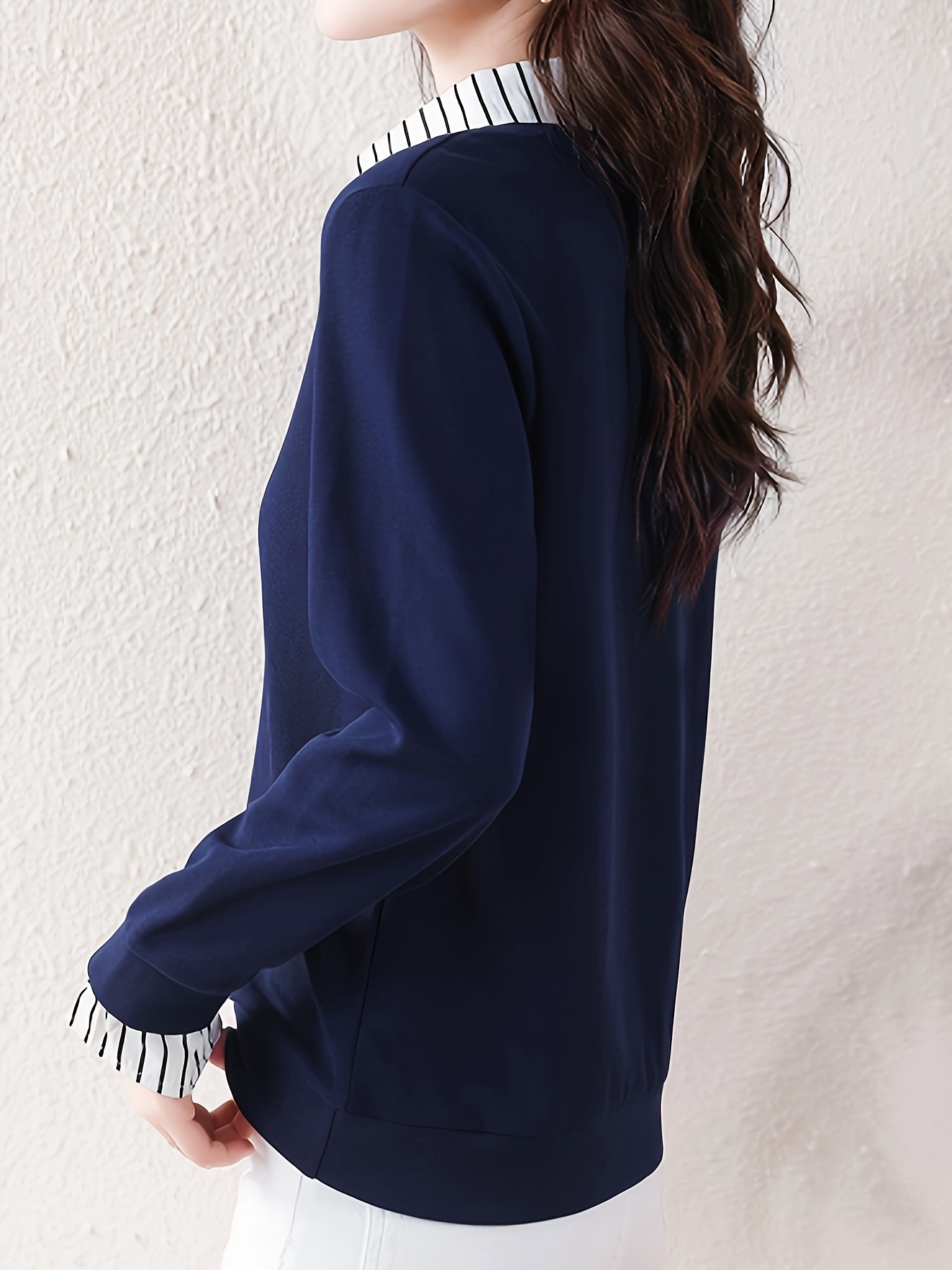 striped print color block splicing shirt casual long sleeve button front shirt for spring fall womens clothing details 10