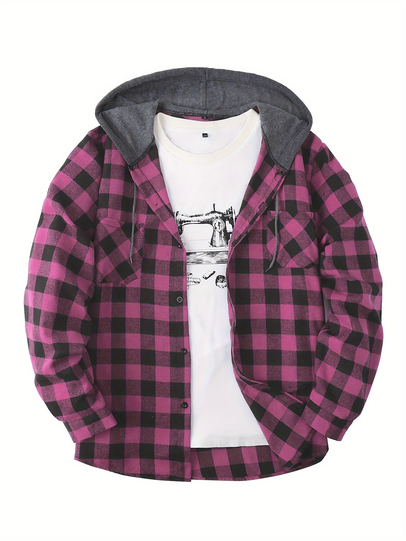plaid shirt coat for men long sleeve casual regular fit button up hooded shirts jacket details 0