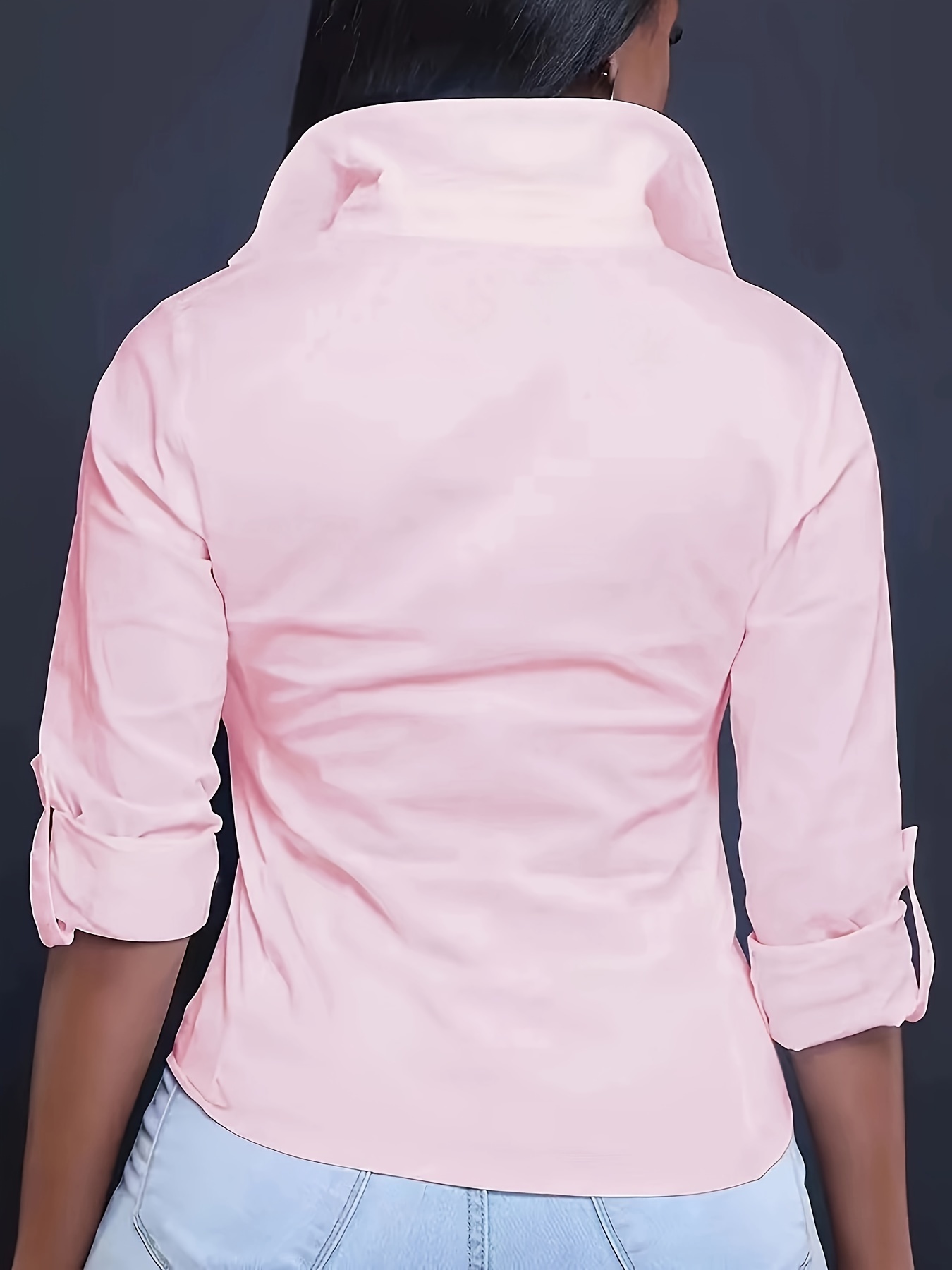 solid color button front shirt casual long sleeve pocket shirt for spring fall womens clothing details 4