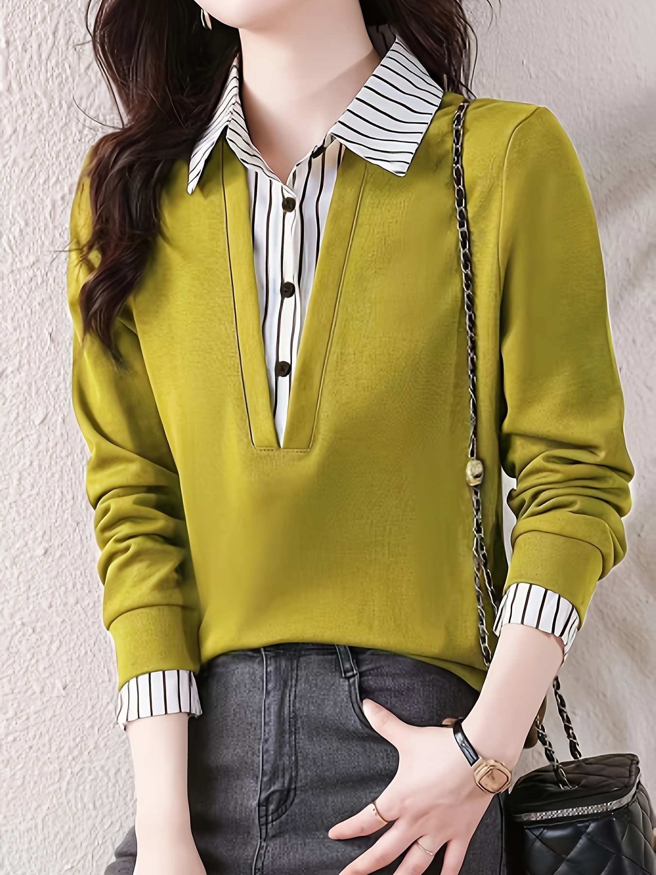 striped print color block splicing shirt casual long sleeve button front shirt for spring fall womens clothing details 9