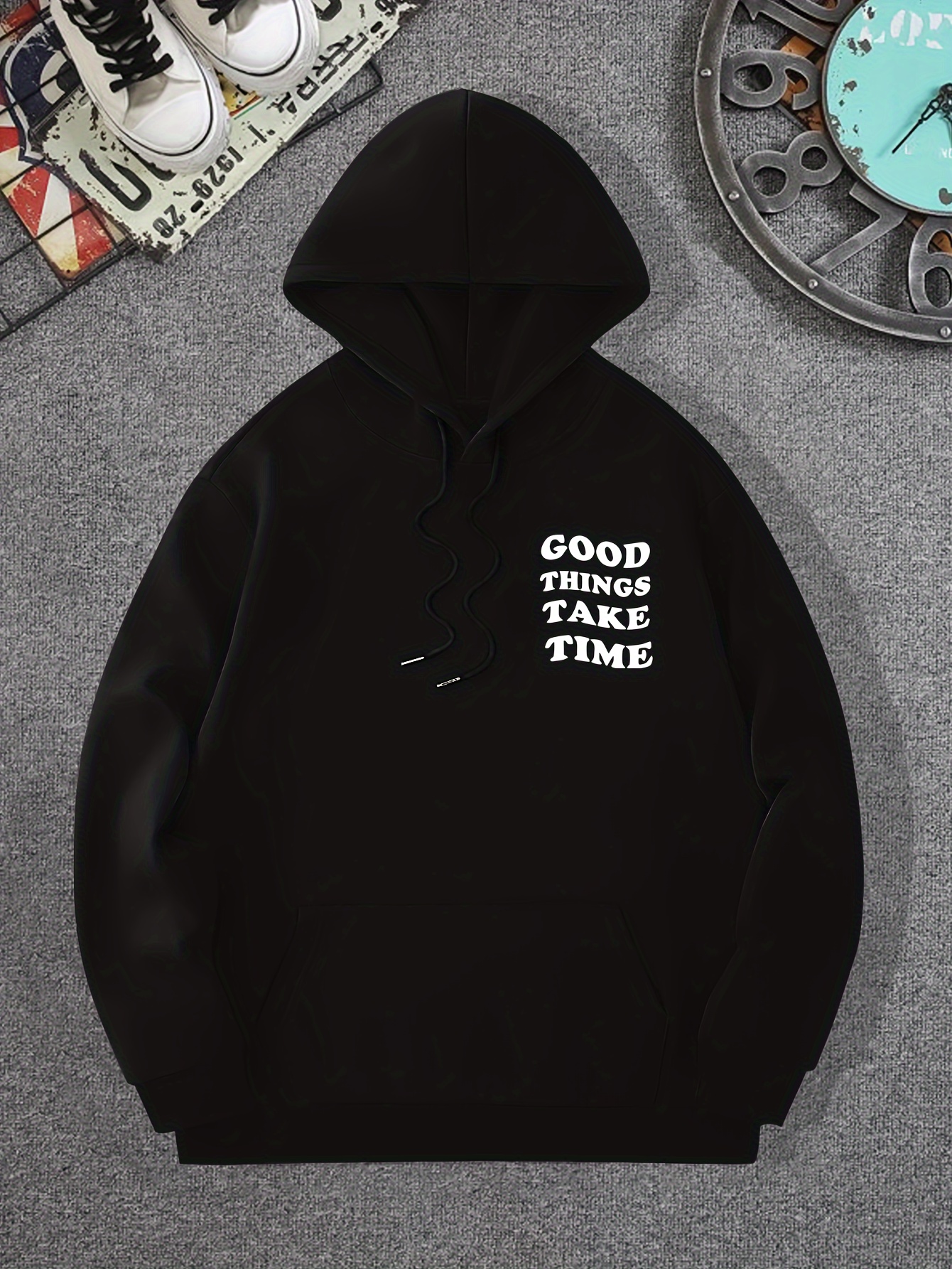 good things take time flower print mens pullover round neck long sleeve hooded sweatshirt pattern loose casual top for autumn winter mens clothing as gifts details 42