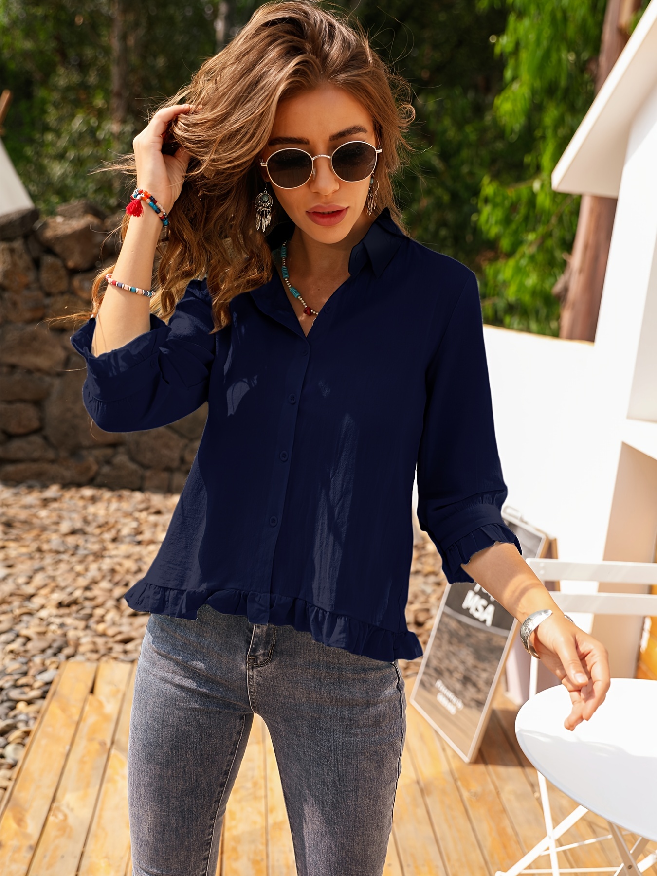 solid ruffle trim 3 4 sleeve t shirt casual all seasons tops womens clothing details 6