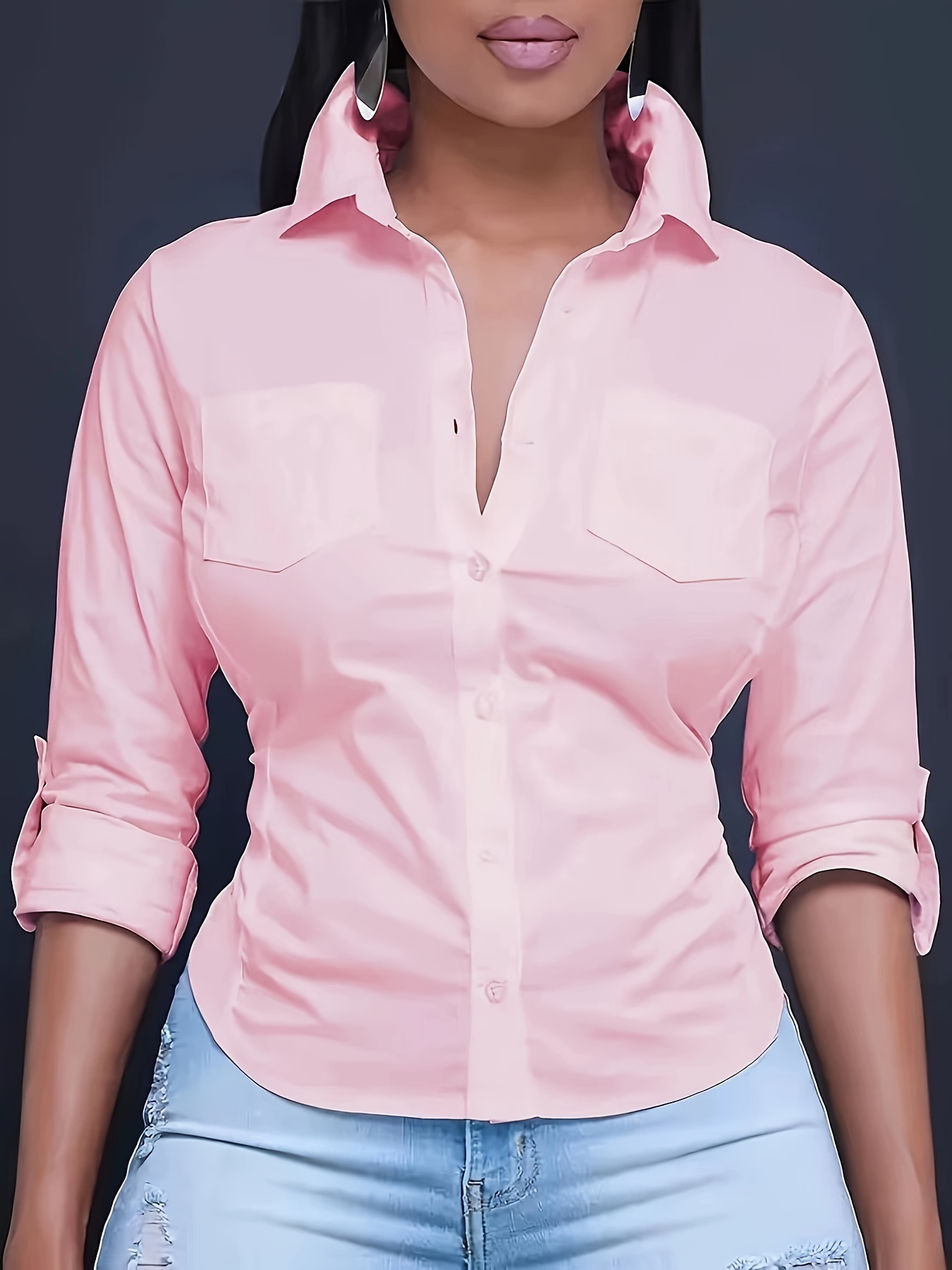 solid color button front shirt casual long sleeve pocket shirt for spring fall womens clothing details 3