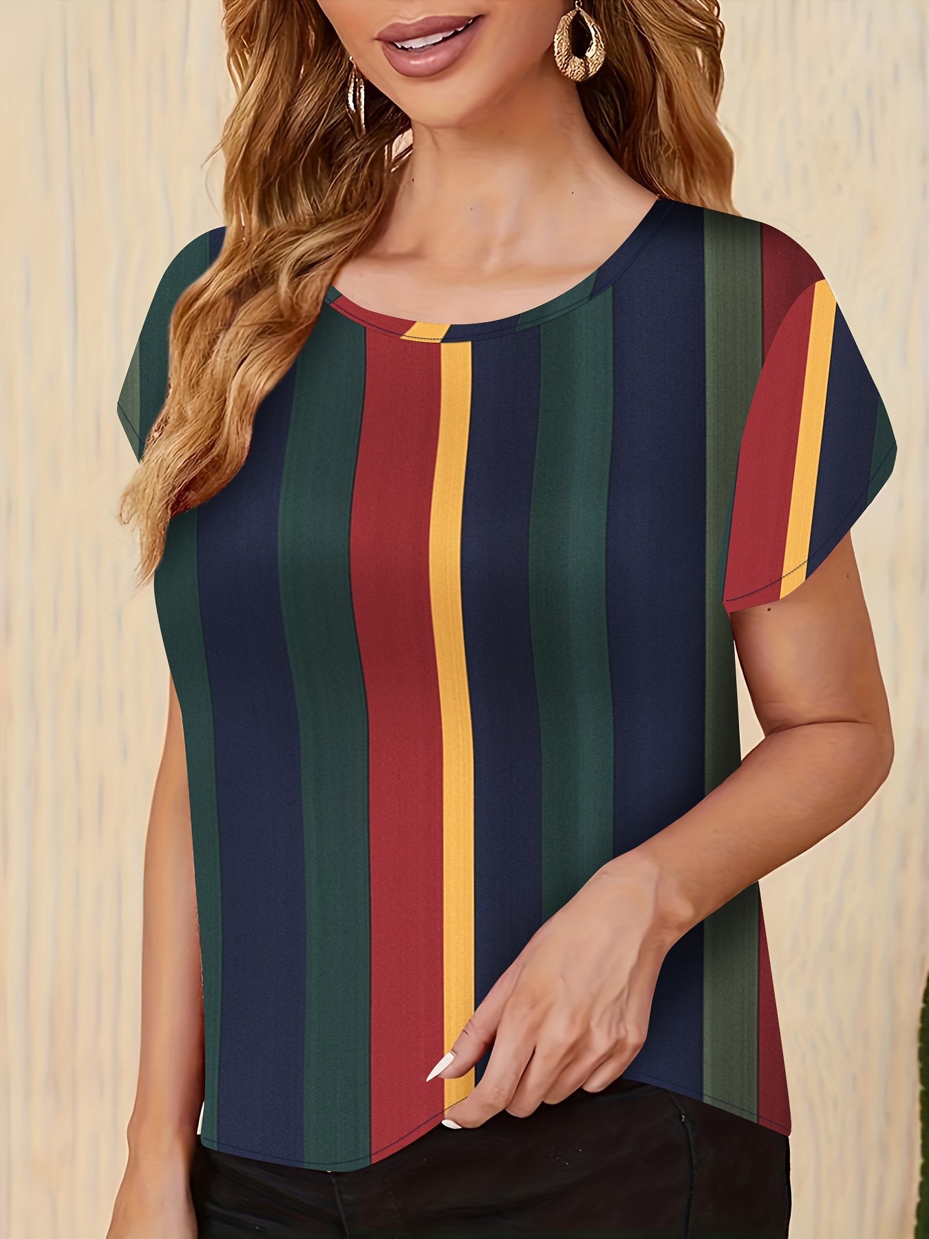 striped print color block blouse casual crew neck short sleeve top for spring summer womens clothing details 18
