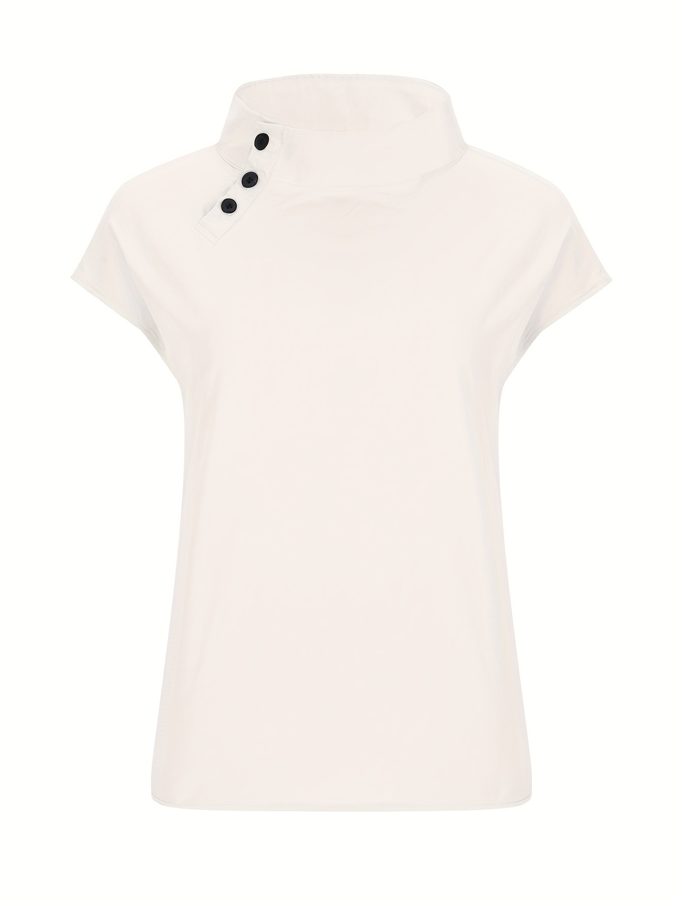 solid button front blouse casual short sleeve mock neck blouse for spring summer womens clothing details 2