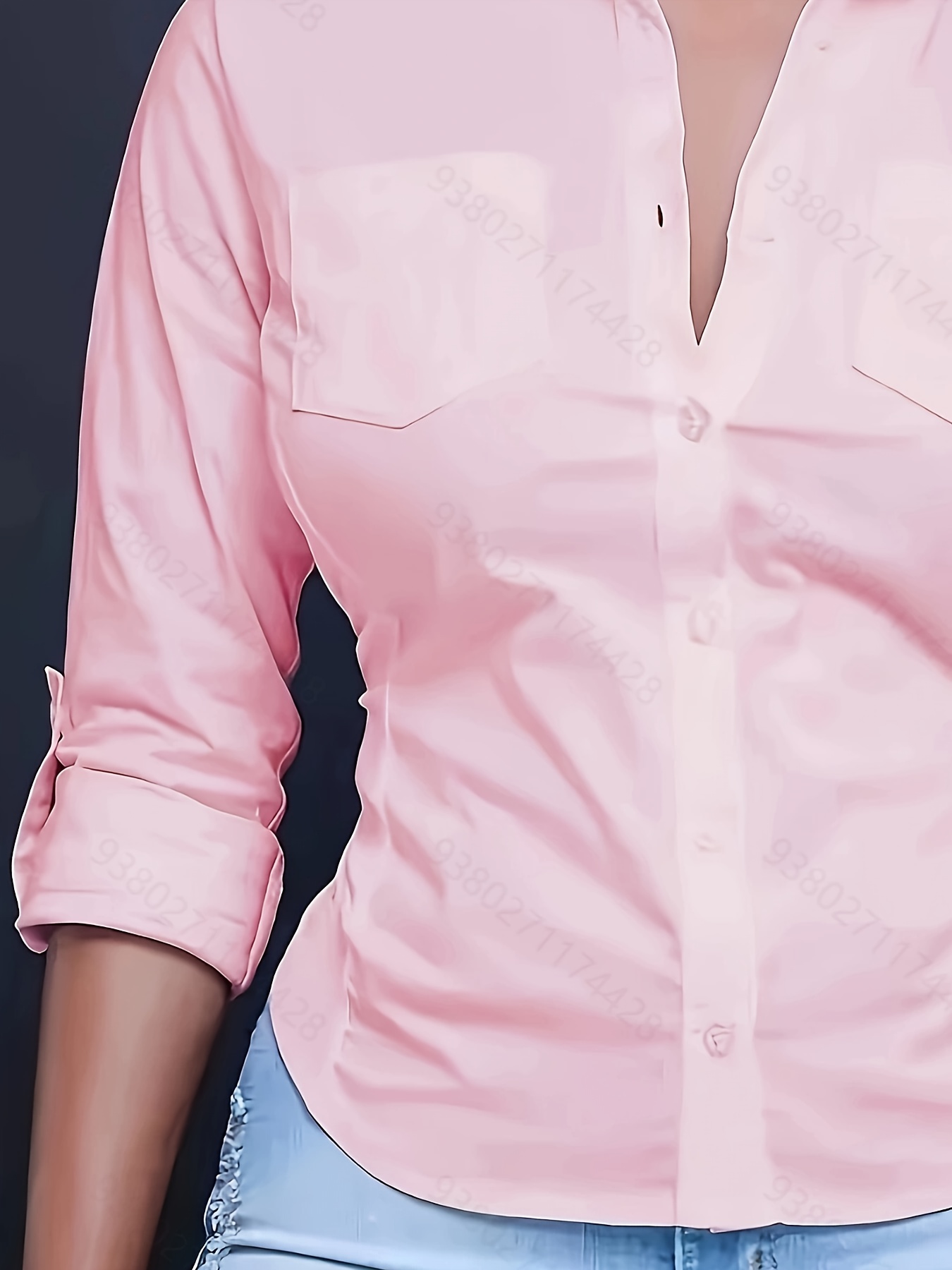 solid color button front shirt casual long sleeve pocket shirt for spring fall womens clothing details 5